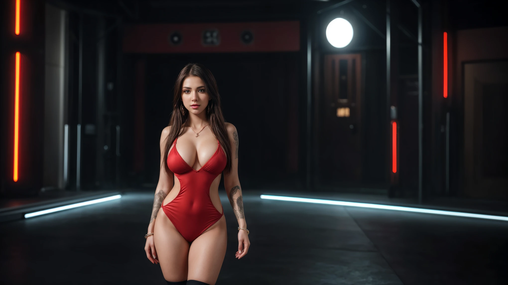 8k, masterpiece, RAW photo, best quality, photorealistic, extremely detailed CG unity 8k wallpaper, Depth of field, Cinematic Light, Lens Flare, Ray tracing, (extremely beautiful face, beautiful lips, beautiful eyes), intricate detail face, ((ultra detailed skin)), ((1girl:1.6)), ((alone:1.4)), ((seductively standing)), at night inside a studio, deep shadow, [Raiana-Elizabeth-Dilla], pretty girl, (very slim slender fit-muscled body:1.3), ((beautiful legs:1.4)), ((looking at viewer)),(big smile:1), (sexy ((see-through)) ((ultra-short ((red:1.1)) rave-style uniform))), ((fanfare scenery,nightlife,musiclife)), (neon lights,dance music), (blurred background:1.4), ((without people in the background:1.5)), beautiful earrings, bracelets, necklace, red pendant, clear eyes, ((tattoos)), (pale skin), (face forward), ((whole-body-view)), ((full-body:1.8, cinematic shot)), soft lighting, (long black hairs), (looking at viewer:1.8), cleavage breasts, large breasts, touching the breast, highly detailed, ultra realistic, extremely detailed and realistic ((red:1.1)) clothes.