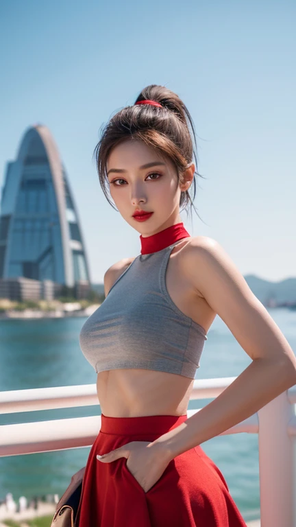 Ultra high quality,8K,gal girl,Sexy and feminine, high and cold,Enchanting,The head proportions are perfect,Gray high ponytail,Wear a short top, Short red high-waisted skirt,Flaming red lips,Swan neck,chokers,sun is shining
