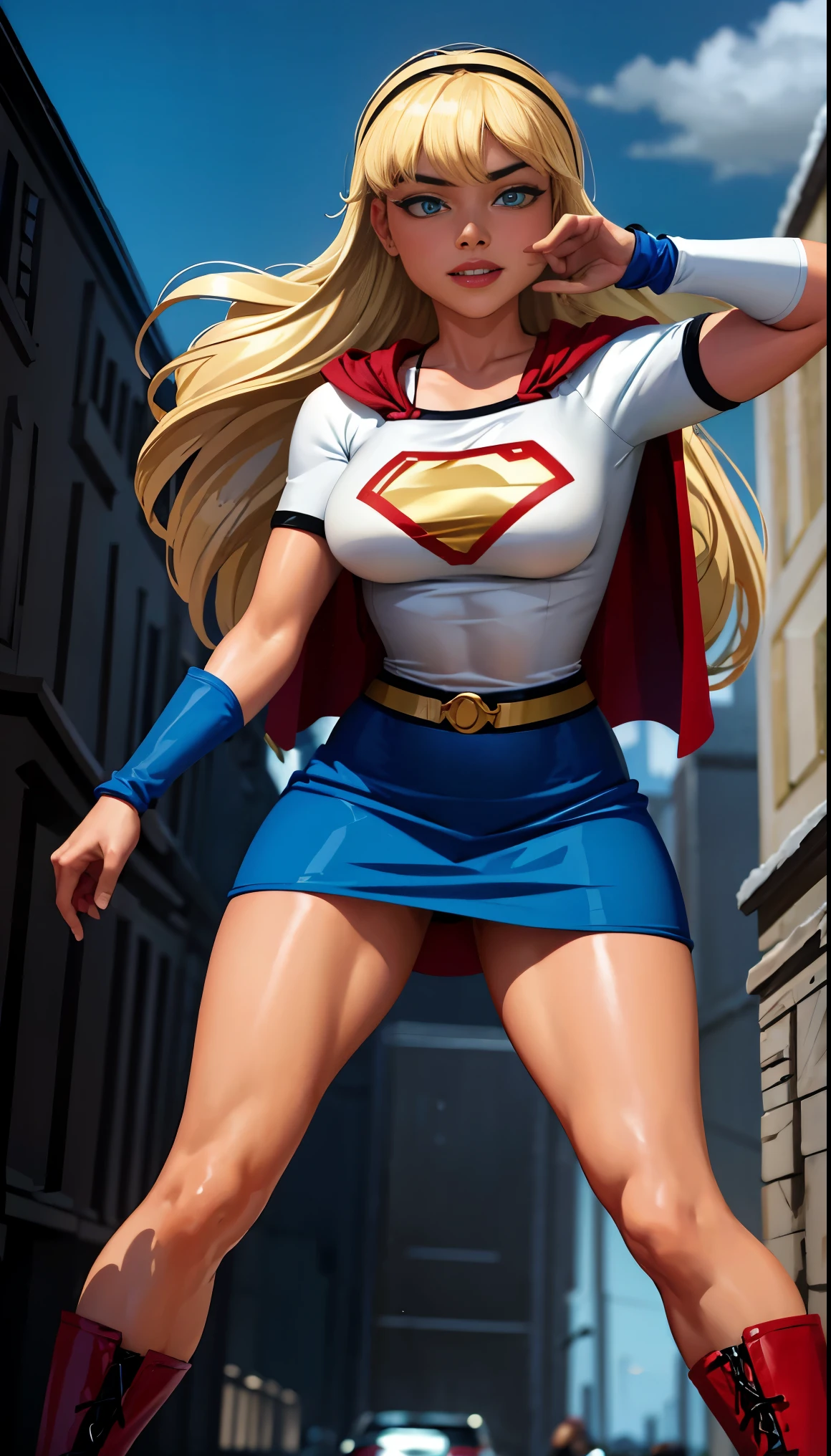 (tiro de vaqueiro), sfw, (obra de arte), (melhor qualidade:1.0), (ultra high resolution:1.0), olhos detalhados,
QUEBRA Supergirl, 1 garota, cabelo loiro longo, no ar, voador
faixa de cabelo, \(branco\) corte superior, manga curta, capa, blue pencil skirt, luvas, botas BREAK
(nuvens, CIDADE, vista deslumbrante)