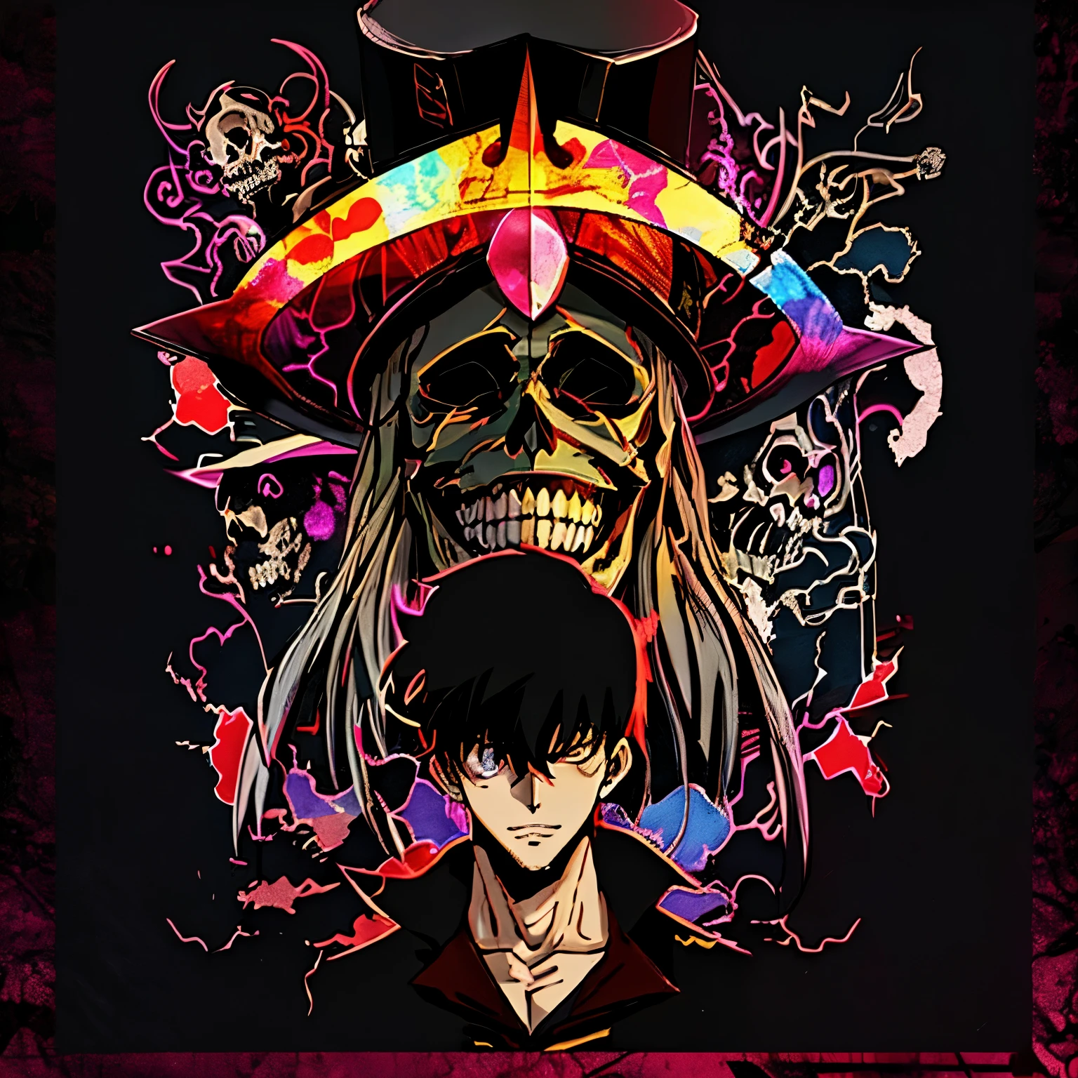 anime wallpapers with a skull and a man with a hat, epic anime style, trigger anime artstyle, arcane art style, badass anime 8 k, arcane style!!!!!, anime style 4 k, junji ito 4 k, anime graphic illustration, anime art wallpaper 8 k, in style of cytus and deemo, style of madhouse anime, skeleton head around face, aura around face, lighting around.