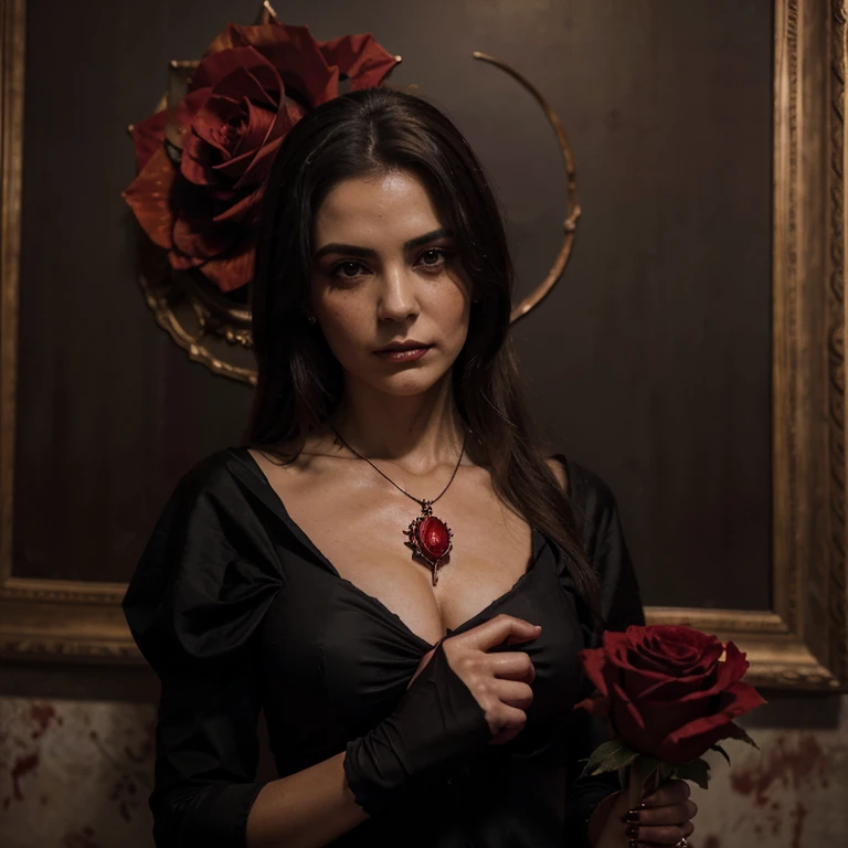 manos de mujer, centrado, holding a red rose, vestido victoriano, elegante, rostro perfecto, mujer hermosa,blood details,iluminacion equilibrada, dark vibrant, oil painting, foco principal en las manos, red dominant, gothic style, cross necklace, vampire, more blood.