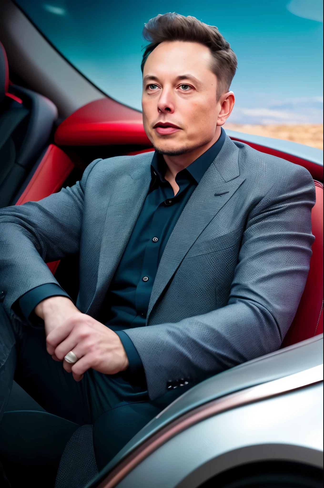 RAW photo in sequence, a realistic image of Elon Musk sitting in a futuristic car, ((detalhes realistas de Elon Musk, olhar intenso e engajado)), ar 16:9, ((carro de futuro com detalhes pontuais e pouco desfocados)), natural lighting, HDR, imagem profissional, Interaction with the viewer, visual hiper-realista, fine and crisp texture, Sony Alpha Series, alta qualidade, efeito cinema.

Or:

A raw sequence photo of a realistic image of El