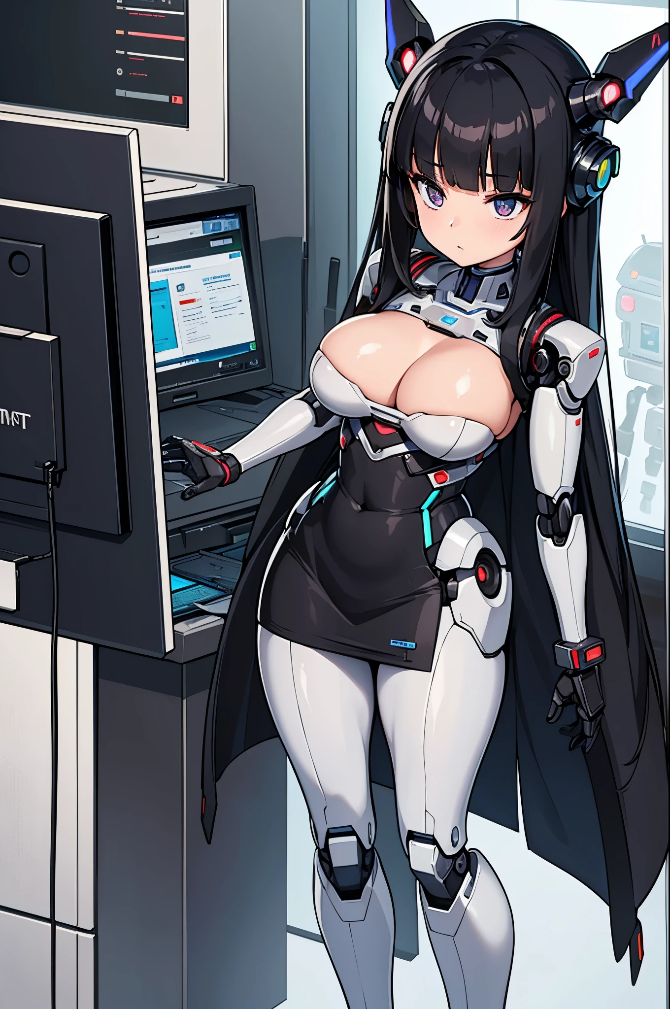 masterpiece, best quality, extremely detailed, (8K, 4K, Best Quality, hight resolution, 超A high resolution:1.1),  Japaese Cyborg girl,Plump , control panels,android,Droid,Mechanical Hand, Robot arms and legs, Black Robot Parts,Black hair,Mechanical body,Blunt bangs,White robotics parts,perfect robot girl,future information counter,reception,long tube,thick cable connected her neck,ceramic body ,mechanical body, mechanical costume,android,robot,humanoid,cyborg,information office,japanese android receptionist ,mechanical chest,control panels,android,Droid,Mechanical Hand, Robot arms and legs, Black hair,Mechanical body,Blunt bangs,She is powered by electricity,black sponge joints,access panel on the chest,miniskirt,dress shirts,beige pantyhose,perfect robot girl,robot receptionist,robot concierge,She is in information counter,