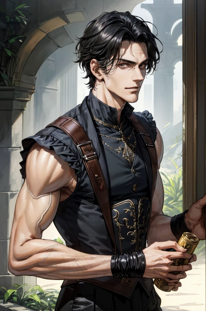 (absurdres, highres, ultra detailed), 1man, 30 years old man, adult man, handsome, tall,, finely detailed eyes and detailed face, leather pants, (((open chest))), (((underbust corset))), night, smile, dutch angle, ((long hair, brown hair)), gold details, gothic, vampire, vampire prince, dark, simple clothes, looking at the view, tan skin, detailed eyes, (masculine), sexy, elegant, long bangs, detailed hands, (((gray eyes))), corset, flirt,