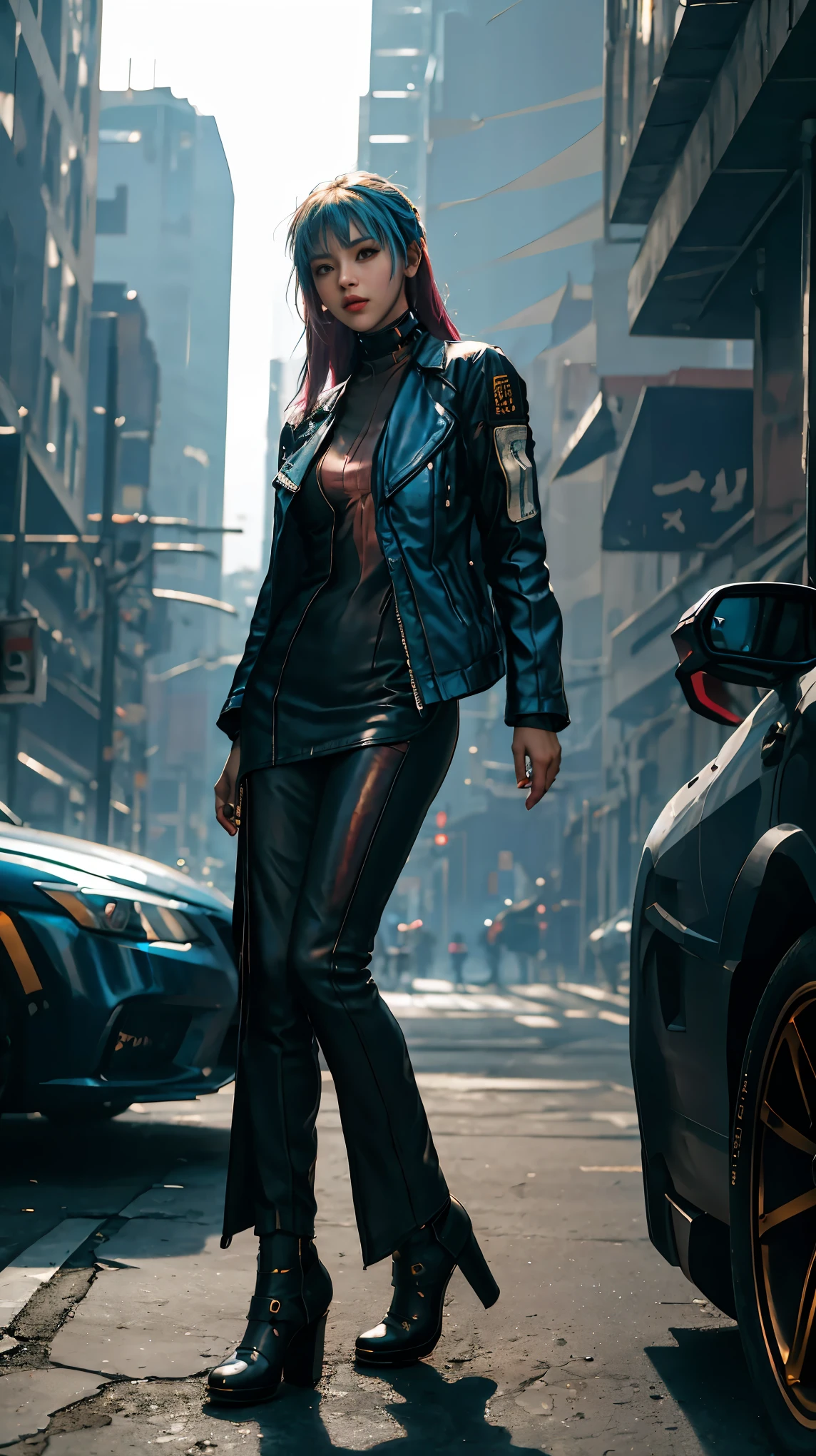 (Full body dynamic picture),(brightly lit,ultra-detailed,cyberpunk-style exquisite young woman,high-angle shot) in 8K high-resolution and with an incredibly detailed and intricate cyberpunk art style. The woman has (realistic, detailed, smooth-textured skin) and her gaze is directed upwards. She is wearing a (stylish, blue sports jacket) and is posing on a vehicle. The shot is a (medium close-up) and is taken with an (85mm artistic lens) at an aperture of (f/1.2) to achieve a (sharp focus) on the woman's face. The background consists of a (chaotic and futuristic cityscape) that beautifully complements the cyberpunk theme. The overall lighting is (elegant and atmospheric), with vibrant colors and (bokeh) effect to enhance the artistic appeal of the image,24k