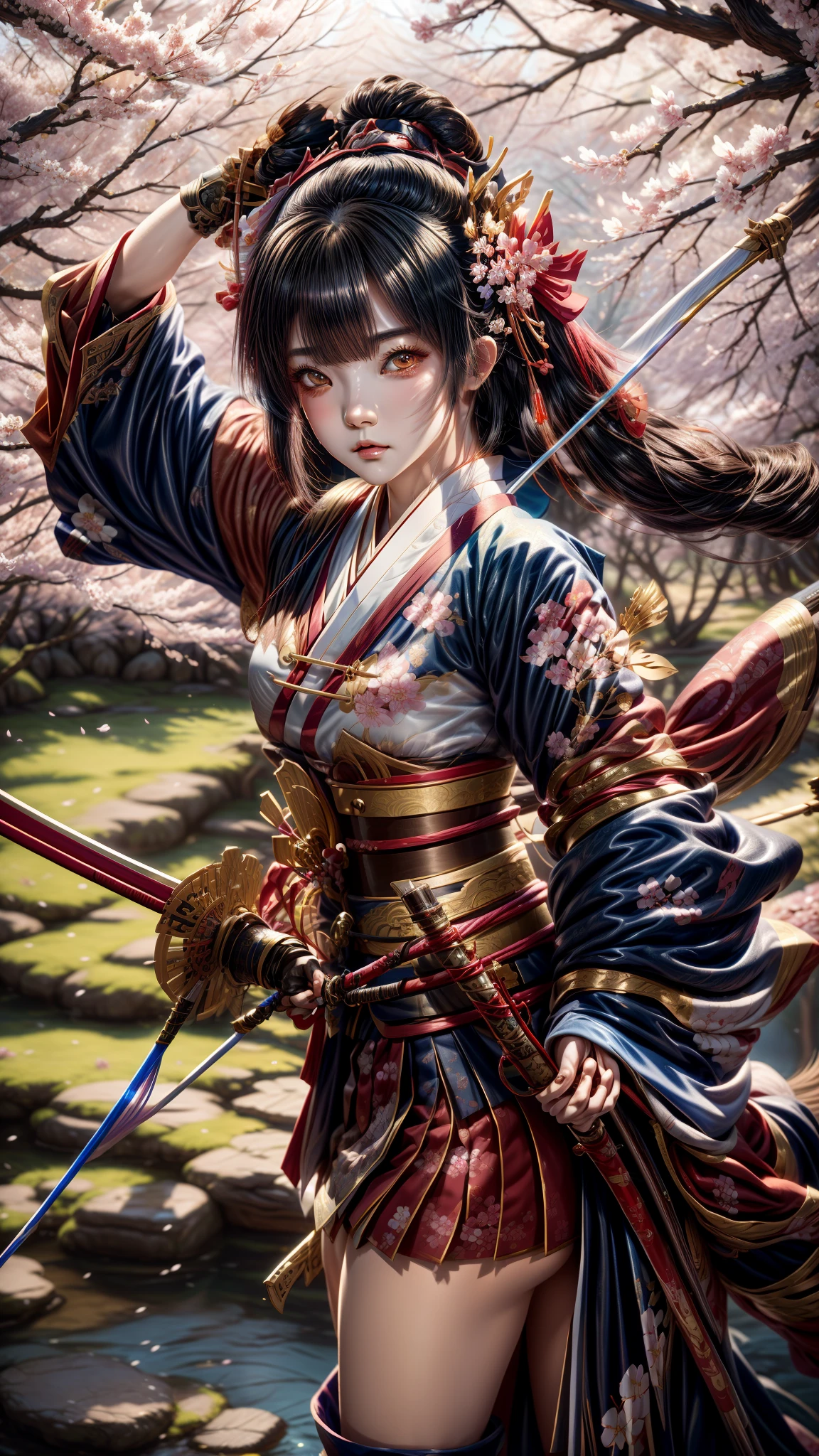 a woman in the sakura forest , onmyoji detailed art, extremely detailed artgerm, onmyoji, onmyoji portrait, artgerm detailed, anime girl with a bow and arrow, artwork in the style of guweiz, fox nobushi holding a naginata, artgerm. high detail