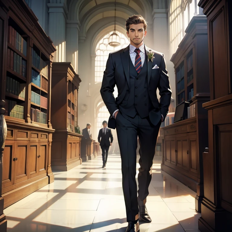 Man in suit standing in library