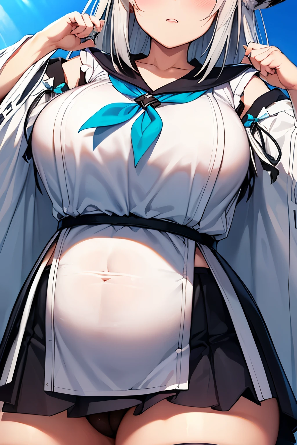 NSFW, Top-quality, Super high resolution, Masterpiece, Highres, 8k, UHD, Detailed lighting, Shaders, Realism, Anime screencap, Anime coloring, kawakaze, 1girl, solo, (Breast squeeze, Big , Voluptuous, Plump, Chubby:1.5), Thick thighs, Big ass, Cleavage, The most beautiful silver hair in the world, Long hair, Hair between eyes, Bangs, Animal ears, Fox ears, Ahoge, Light blue eyes, Eyes are glowing, Beautiful eyes, Eyelashes, Beautiful eyes, Skirt, Black skirt, Pleated skirt, Thighhighs, Black thighhighs, Detached sleeves, Wide sleeves, Long sleeves, Ribbon-trimmed sleeves, Ribbon trim, Sailor collar, Black sailor collar, Collarbone, Neckerchief, Zettai ryouiki, White and beautiful shiny skin, The ultimate beautiful girl at 20years old, Ultimate beautiful girl, Ultimate beautiful face, Proportioned face, Lips, Parted lips, Cowboy shot, Fullbody, Looking at viewer, (Blue sky, On the sea, Natural background, Sunlight, Blush, Expressionless:1.2), (From below, Close-up:1.5)