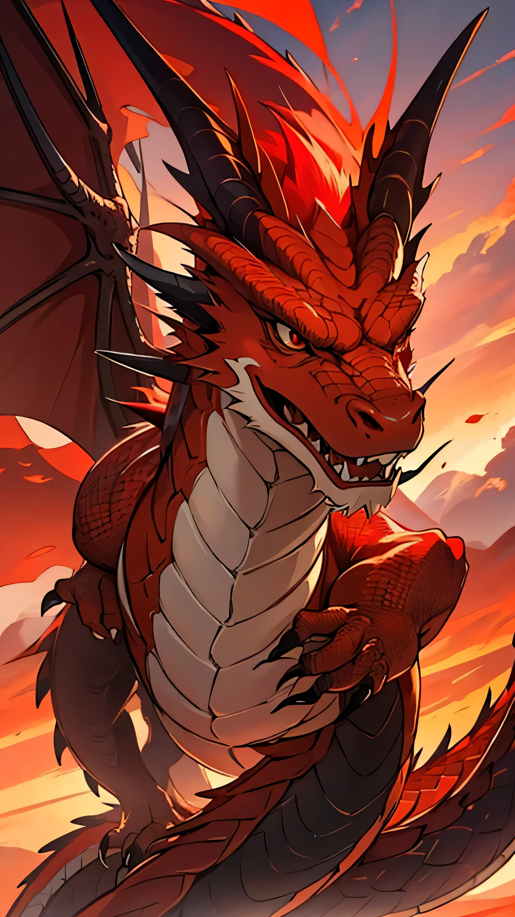 (best quality,4K,8 thousand,high resolution,masterpiece:1.2), oriental dragon, asian dragon, snake-like body, red dragon, zoom in, red sky