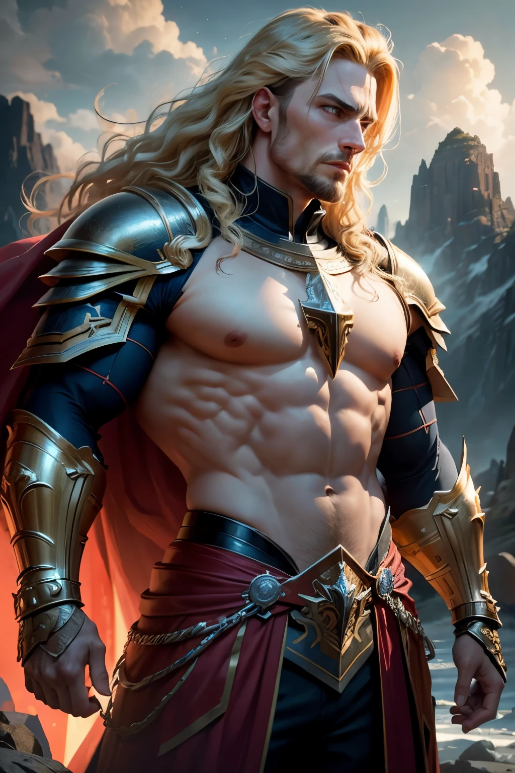 Handsome shirtless squire, yo, muscular blonde, hairy chest, dressed in half-removed armor, Defloration of a young girl, deprives her of her virginity