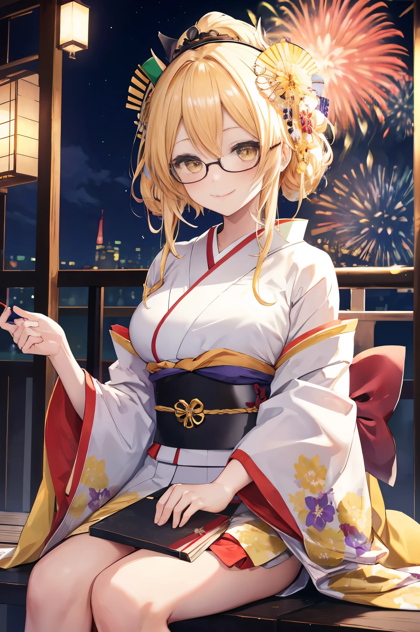 "anime girl, 1 person, bright blonde hair, yellow eyes, glasses, crown on head, female kimono, yellow kimono with black trim with intricate patterns, big breasts, long stockings, standing cross-legged, angle  view from different directions, solo,  smiled gently, blushing, festival, night, New Year's Eve fireworks, watching fireworks (full HD 4K+ image)"