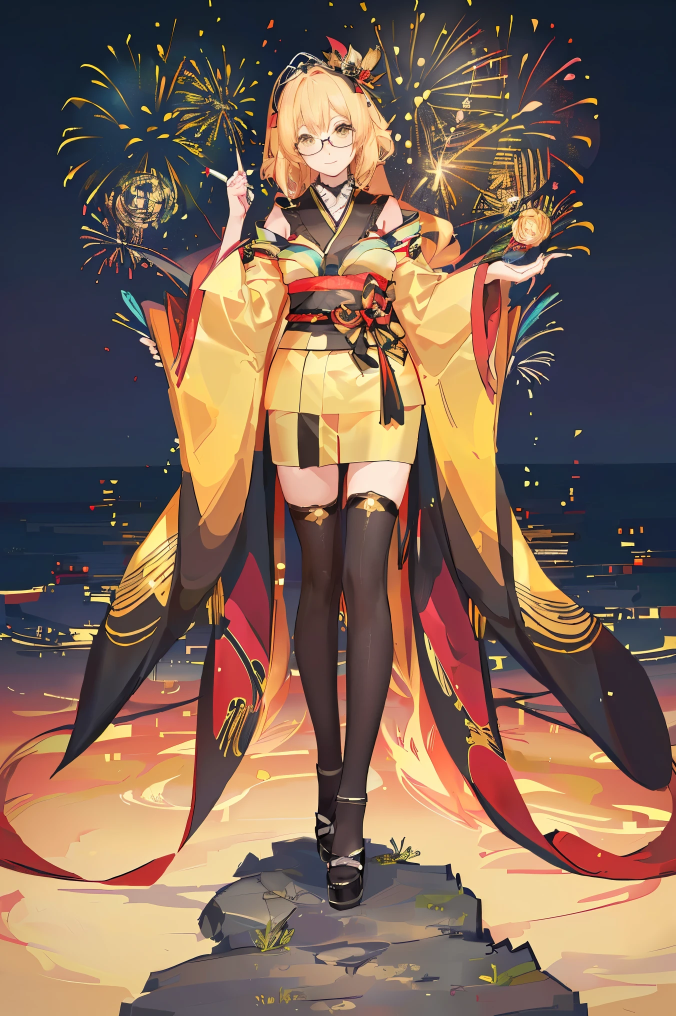 "anime girl, 1 person, bright blonde hair, yellow eyes, glasses, crown on head, female kimono, yellow kimono with black trim with intricate patterns, big breasts, long stockings, standing cross-legged, angle  view from different directions, solo,  smiled gently, blushing, festival, night, New Year's Eve fireworks, watching fireworks (full HD 4K+ image)"