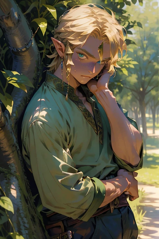 Realistic, (masterpiece, top quality, best quality, official art,), very detailed, most detailed, (1boy:1.3), gods, blonde hair, mysterious, handsome man, ((zelda style)), prairie, herdsmen, pale green clothes, ornaments, earrings, single braids