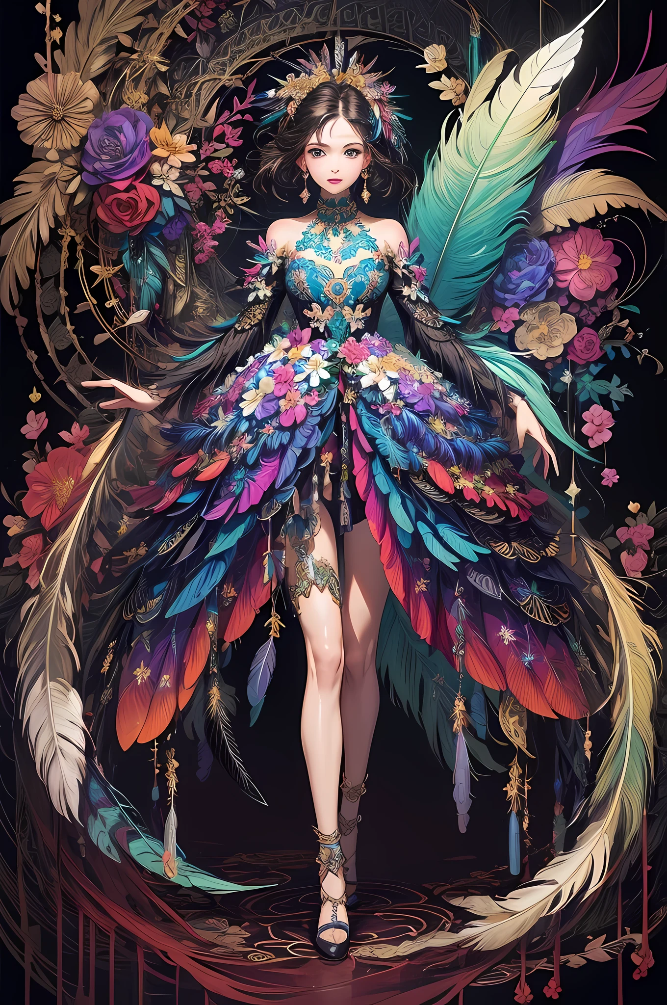 (masterpiece, top quality, best quality, official art, beautiful and aesthetic:1.2), (1girl:1.3), extremely detailed,(fractal art:1.1),(colorful:1.1)(flowers:1.3),highest detailed,(zentangle:1.2), full body, (abstract background:1.3), (shiny skin), (many colors:1.4), ,(earrings), (feathers:1.5),