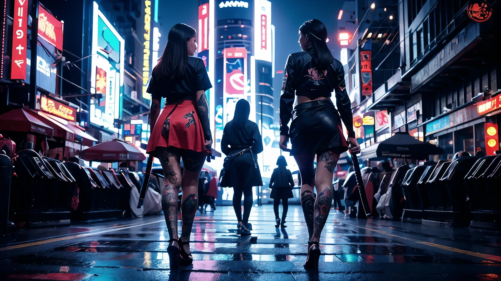 4k futurisitc samurai women with large katana walking away in a bright neon futuristic city, wearing heels and skirt, alot of tattoos