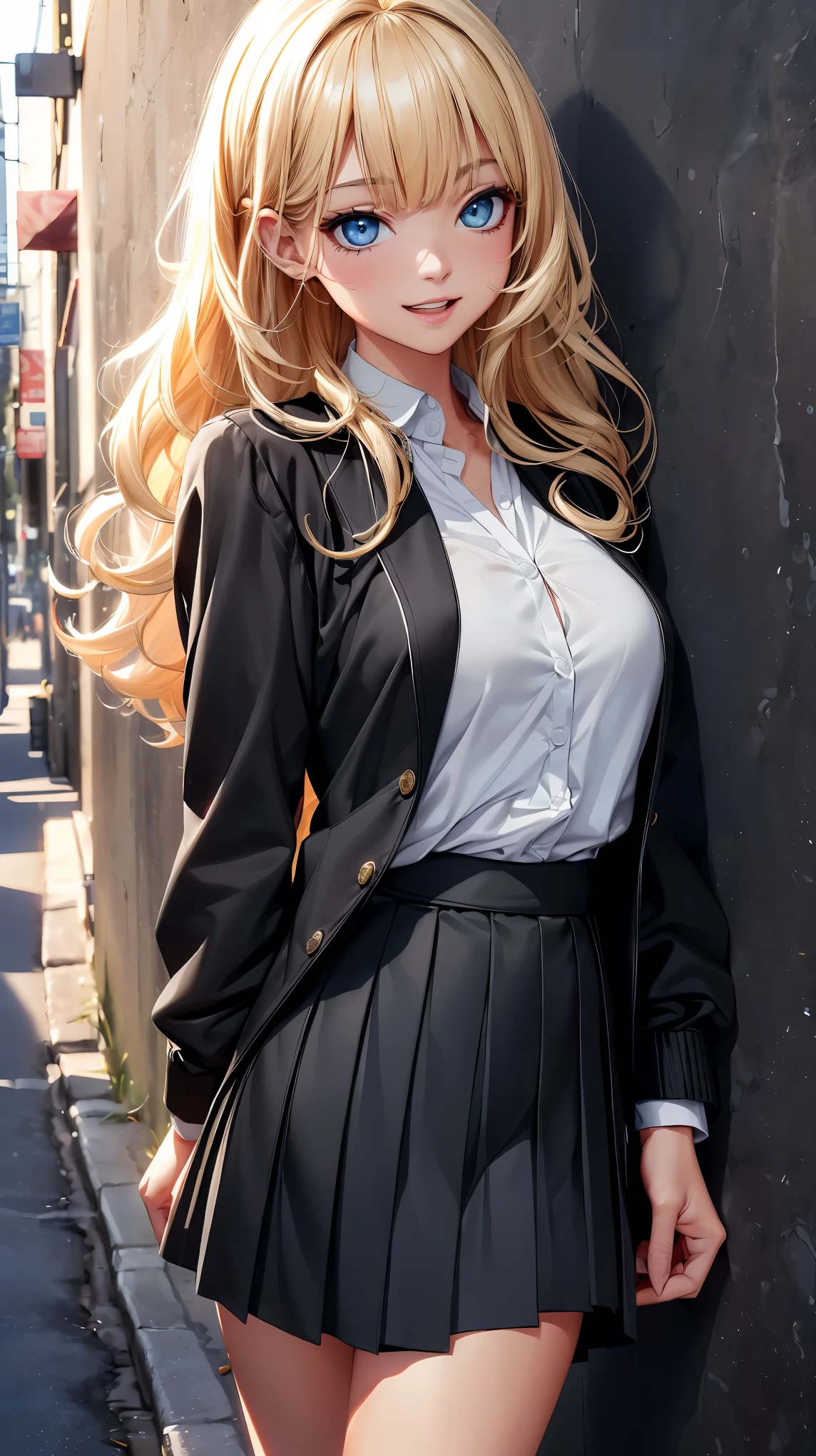 (8K, RAW photo, 最high quality, masterpiece: 1.2), High-definition RAW color photo, Professional photo shoot, cinematic light, alone, (((young woman, gal))), (Sharp features), (big eyes), (small face), (high detail skin: 1.2), clavicle, cute face, beautiful appearance, long eyelashes, (rainbow hair, blue eyes), (beautiful breasts:1.5), (slim body:1.5), very detailed顔と肌の質感, fine eyes, natural makeup, camel toe, ((blonde, long bangs on one side, asymmetrical bangs, One eye hides, wavy hair)), slim body, ((smile with open mouth:1.2)), big breasts, normal hip joint, blue eyes, cowboy shot, (((Black long skirt, short black jacket, White shirt underneath, Mature impression, Based on chic black, white softness, Feeling relaxed feet, Create a spring date outfit, big breastsを強調させる))), I enjoy dating, beautiful sunny day, (((wall background))), bright colors, blissful companionship, precious memories, A composition that highlights the beauty of a girl, staring eyes, beautiful skin, shiny skin, perfect fingers, five fingers, anatomically correct, background bokeh, high quality, surreal, bright colors, ((very detailed, photo shoot)),
