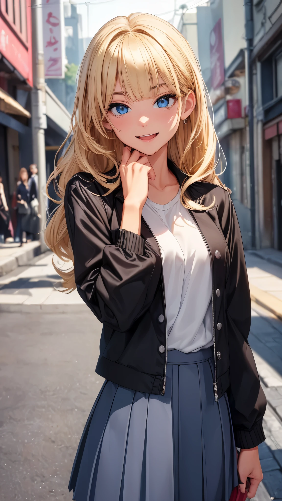(8K, RAW photo, 最high quality, masterpiece: 1.2), High-definition RAW color photo, Professional photo shoot, cinematic light, alone, (((young woman, gal))), (Sharp features), (big eyes), (small face), (high detail skin: 1.2), clavicle, cute face, beautiful appearance, long eyelashes, (rainbow hair, blue eyes), (beautiful breasts:1.5), (slim body:1.5), very detailed顔と肌の質感, fine eyes, natural makeup, camel toe, ((blonde, long bangs on one side, asymmetrical bangs, One eye hides, wavy hair)), slim body, ((smile with open mouth:1.2)), big breasts, normal hip joint, blue eyes, cowboy shot, (((Black long skirt, short colorful jacket, White shirt underneath, Mature impression, Based on chic black, white softness, Feeling relaxed feet, Create a spring date outfit, big breastsを強調させる))), I enjoy dating, beautiful sunny day, (((wall background))), bright colors, blissful companionship, precious memories, A composition that highlights the beauty of a girl, staring eyes, beautiful skin, shiny skin, perfect fingers, five fingers, anatomically correct, background bokeh, high quality, surreal, bright colors, ((very detailed, photo shoot)),
