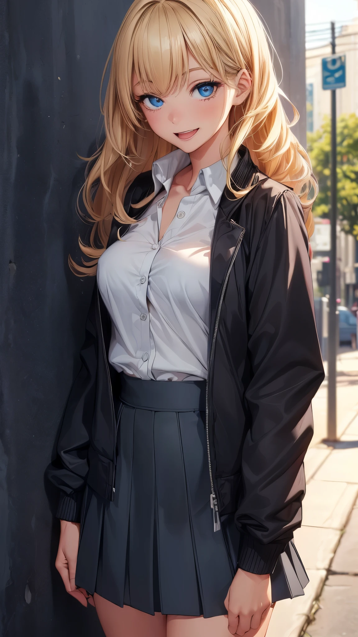 (8K, RAW photo, 最high quality, masterpiece: 1.2), High-definition RAW color photo, Professional photo shoot, cinematic light, alone, (((young woman, gal))), (Sharp features), (big eyes), (small face), (high detail skin: 1.2), clavicle, cute face, beautiful appearance, long eyelashes, (rainbow hair, blue eyes), (beautiful breasts:1.5), (slim body:1.5), very detailed顔と肌の質感, fine eyes, natural makeup, camel toe, ((blonde, long bangs on one side, asymmetrical bangs, One eye hides, wavy hair)), slim body, ((smile with open mouth:1.2)), big breasts, normal hip joint, blue eyes, cowboy shot, (((Black long skirt, short colorful jacket, White shirt underneath, Mature impression, Based on chic black, white softness, Feeling relaxed feet, Create a spring date outfit, big breastsを強調させる))), I enjoy dating, beautiful sunny day, (((wall background))), bright colors, blissful companionship, precious memories, A composition that highlights the beauty of a girl, staring eyes, beautiful skin, shiny skin, perfect fingers, five fingers, anatomically correct, background bokeh, high quality, surreal, bright colors, ((very detailed, photo shoot)),