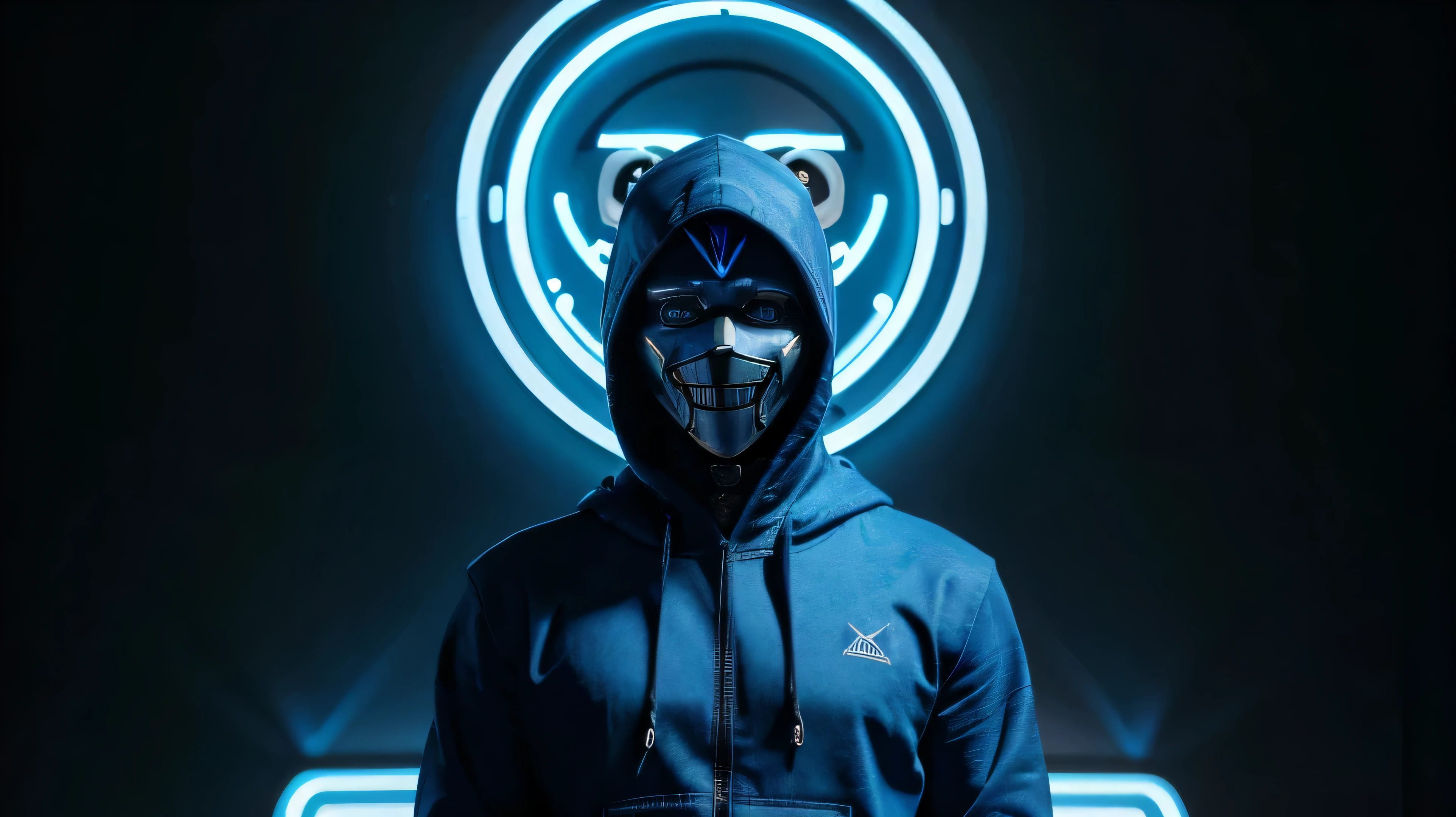 a male robot wearing a blue hoodie, black pants, and blue shoes looking at the camera with a smile with a neon blue robotic mask, as a robot race, not a human, while standing in the art and waving at the camera, while the mask has blue glowing eyes, make the style look like its from a cartoon