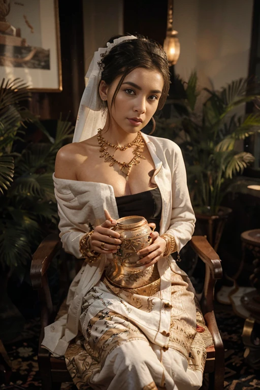 MMTD Burmese patterned traditional dress lady full body details, nice face, fair skin, traditional royal white dress, wearing Parel necklaces, traditional hair style, long scarf on shoulder, sitting on traditional style golden chair look like throne, traditional water jar , cup on tray on a classic table nearby, best composition, full view covered shot, cenimatic lightning and ultra realistic details, octane rendering, sharp focus, unreal engine,32k hd resolution, masterpiece of photography, prize winning award level picture, perfect anatomy