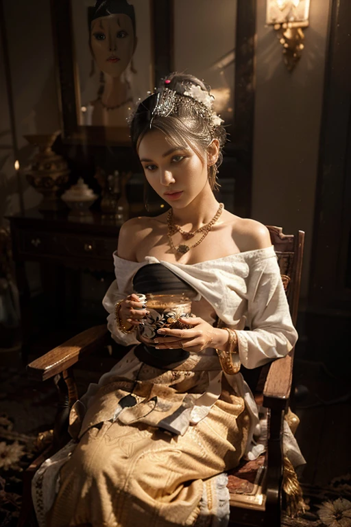 MMTD Burmese patterned traditional dress lady full body details, nice face, fair skin, traditional royal white dress, wearing Parel necklaces, traditional hair style, long scarf on shoulder, sitting on traditional style golden chair look like throne, traditional water jar , cup on tray on a classic table nearby, best composition, full view covered shot, cenimatic lightning and ultra realistic details, octane rendering, sharp focus, unreal engine,32k hd resolution, masterpiece of photography, prize winning award level picture, perfect anatomy