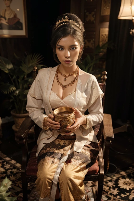 MMTD Burmese patterned traditional dress lady full body details, nice face, fair skin, traditional royal white dress, wearing Parel necklaces, traditional hair style, long scarf on shoulder, sitting on traditional style golden chair look like throne, traditional water jar , cup on tray on a classic table nearby, best composition, full view covered shot, cenimatic lightning and ultra realistic details, octane rendering, sharp focus, unreal engine,32k hd resolution, masterpiece of photography, prize winning award level picture, perfect anatomy