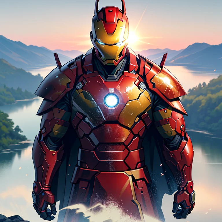 (Best Quality, 4k, 8K, high resolution, Masterpiece: 1.2), a captivating cinematic still of Iron Man Ronin Samurai, wearing a polished red and gold armor suit with a helmet adorned with a traditional samurai crest. His piercing blue eyes under the visor convey an intense determination and focus.

Iron Man Ronin Samurai, full body view, posing on the precipice of a cliff overlooking a serene lake. The sun sets in the backdrop, casting a warm glow on his armor. Hand on the hilt of his samurai sword, the other hand folded behind his back, showc