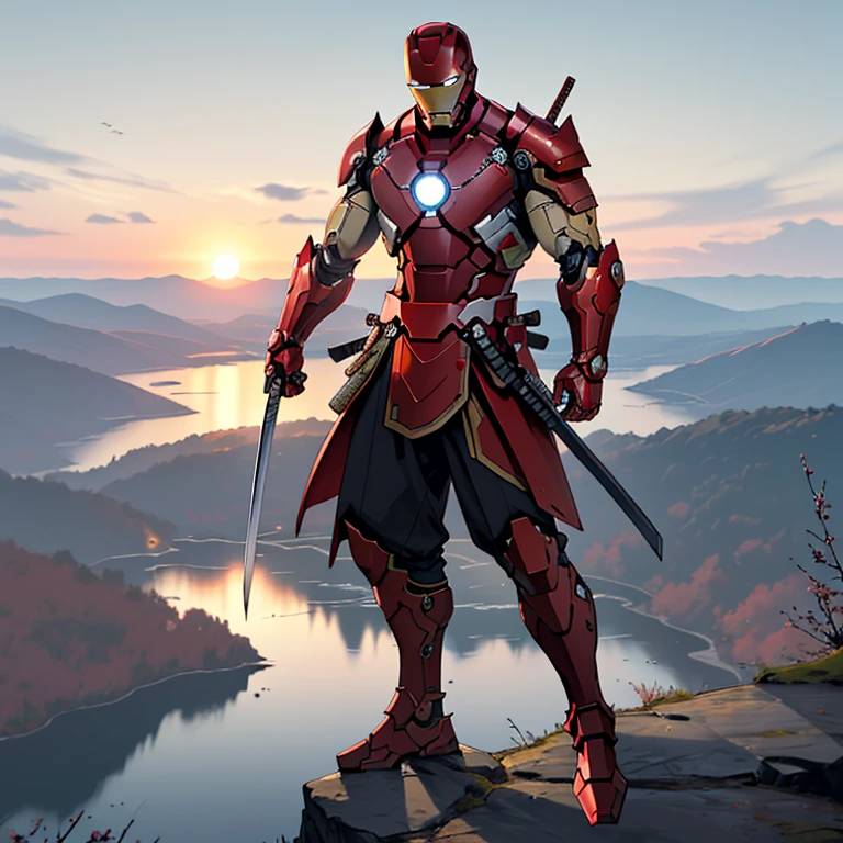 (Best Quality, 4k, 8K, high resolution, Masterpiece: 1.2), a captivating cinematic still of Iron Man Ronin Samurai, wearing a polished red and gold armor suit with a helmet adorned with a traditional samurai crest. His piercing blue eyes under the visor convey an intense determination and focus.
Iron Man Ronin Samurai, full body view, posing on the precipice of a cliff overlooking a serene lake. The sun sets in the backdrop, casting a warm glow on his armor. Hand on the hilt of his samurai sword, the other hand folded behind his back, showc