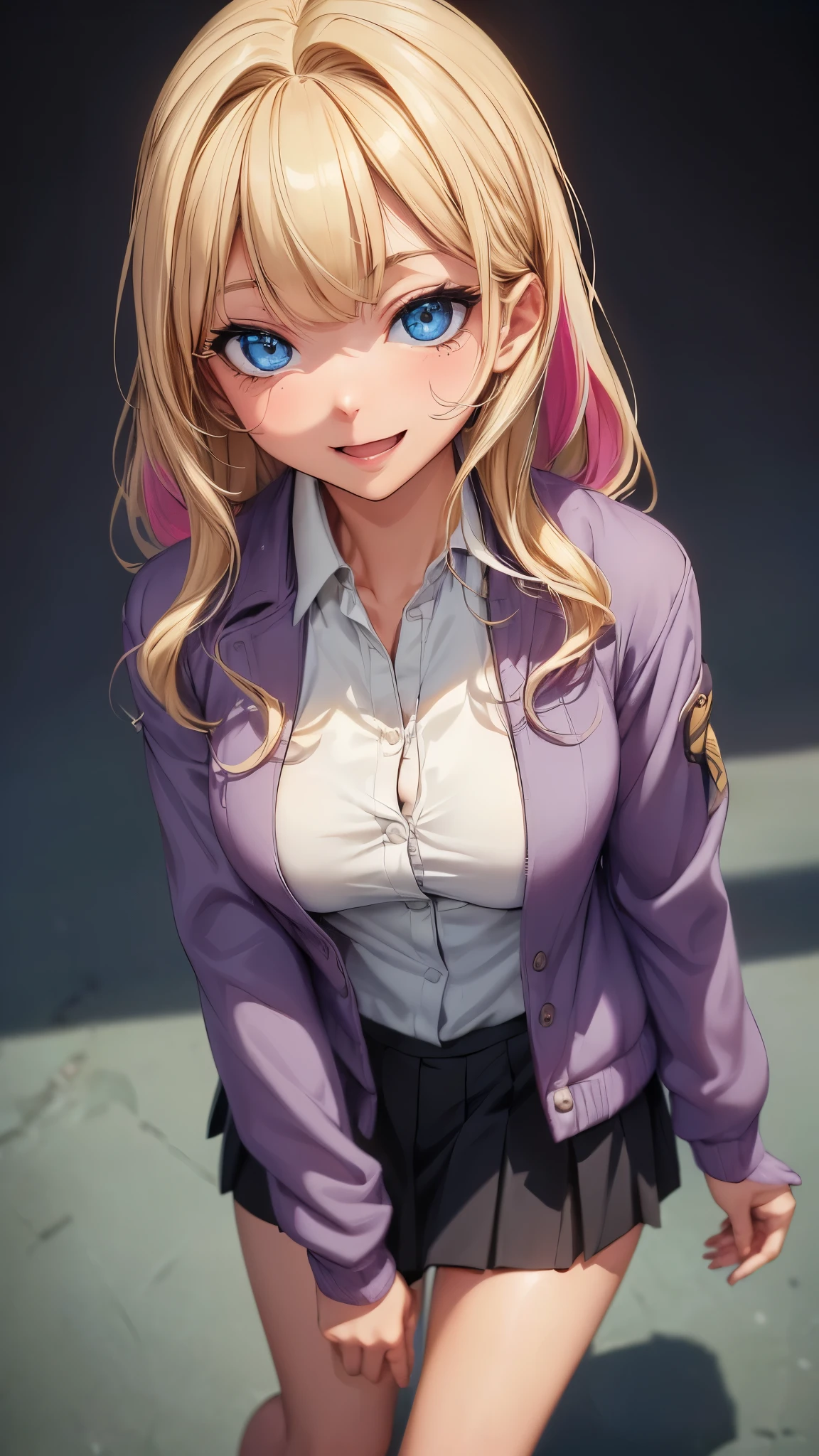 (8K, RAW photo, 最high quality, masterpiece: 1.2), High-definition RAW color photo, Professional photo shoot, cinematic light, alone, (((young woman, gal))), (Sharp features), (big eyes), (small face), (high detail skin: 1.2), clavicle, cute face, beautiful appearance, long eyelashes, (rainbow hair, blue eyes), (beautiful breasts:1.5), (slim body:1.5), very detailed顔と肌の質感, fine eyes, natural makeup, camel toe, ((blonde, long bangs on one side, asymmetrical bangs, One eye hides, wavy hair)), slim body, ((smile with open mouth:1.2)), big breasts, normal hip joint, blue eyes, cowboy shot, (((Black long skirt, short colorful jacket, White shirt underneath, Mature impression, Based on chic black, white softness, Feeling relaxed feet, Create a spring date outfit, big breastsを強調させる))), I enjoy dating, beautiful sunny day, (((wall background))), bright colors, blissful companionship, precious memories, A composition that highlights the beauty of a girl, staring eyes, beautiful skin, shiny skin, perfect fingers, five fingers, anatomically correct, background bokeh, high quality, surreal, bright colors, ((very detailed, photo shoot)),