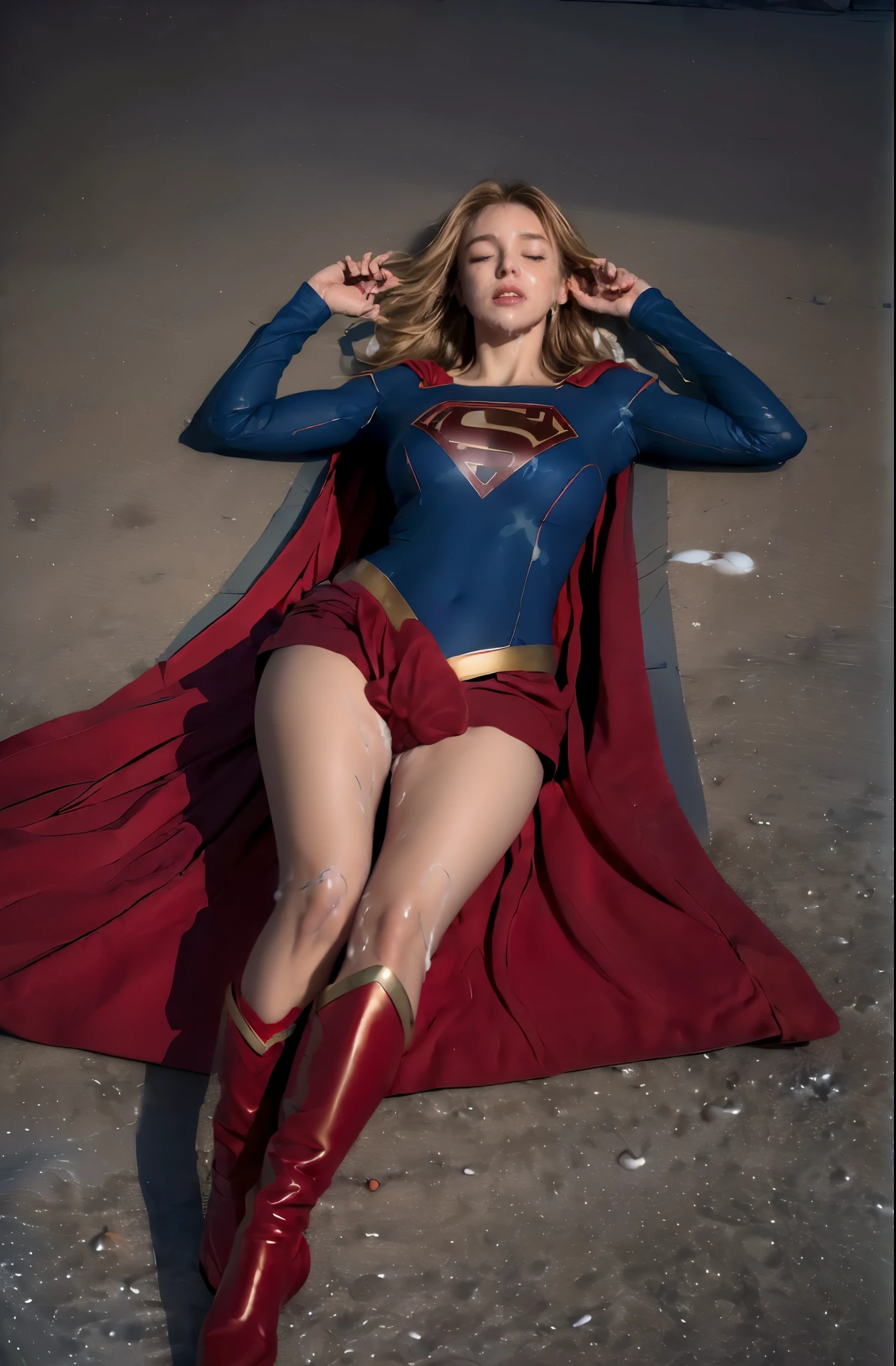 , best quality, real picture, intricate details, ultra-detailed, ultra highres, hyper detailed face, beautiful face, depth field,(photorealistic,realistic:1.2), masterpiece, photo of 1girl, supergirl, superhero, arms on hips, realistic, red cape, bodysuit, red skirt, red boots, pantyhose, blue eyes, blonde hair, lips, long hair, solo, ((lying on back:1.8)), (eyes close:1.9), ((both hands are handcuffed together:1.9), defeated from fighting, (painful:1.4), ((wounded)), ruined city background by lee jeffries, nikon d850, film stock, photograph 4 kodak portra 400 camera f1.6 lens, rich colors, hyper realistic, lifelike texture, dramatic lighting, unreal engine, trending on artstation, cinestill 800, ((whole body)), (semen on thighs:1.6),