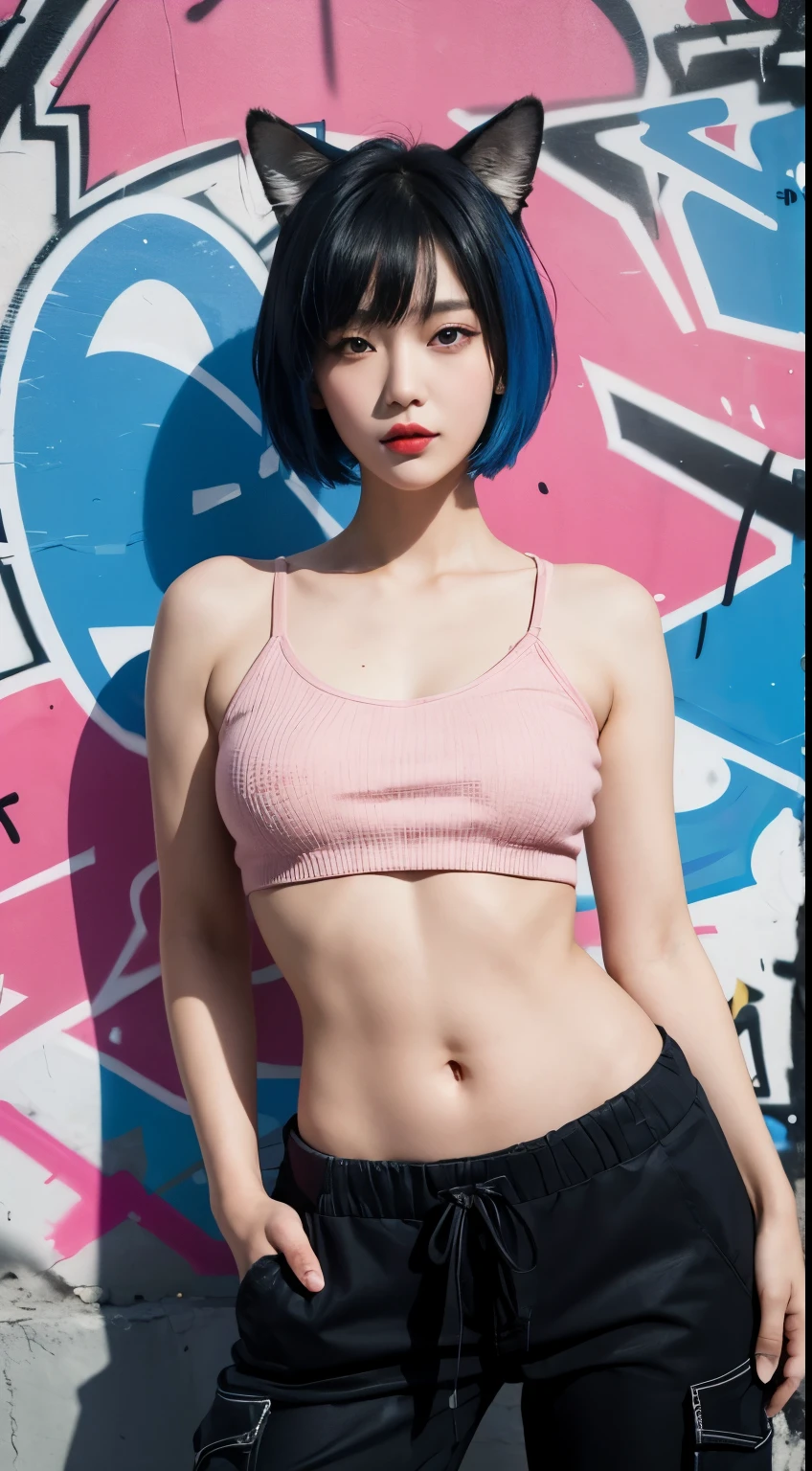 best quality, Clarity, 4k, 8k, detail, actual, Beautiful Girl, Korean makeup, Red lips, pink and blue mullet haircut, Perfect body, full yakuza tattoo arm, thigh, stand, pose standing, medium chest, tank top, black Cargo Box Pants, Solid graffiti wall background, Graffiti art,