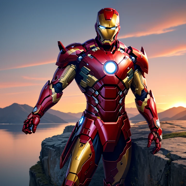 (Best Quality, 4k, 8K, high resolution, Masterpiece: 1.2), a captivating cinematic still of Iron Man Ronin Samurai, wearing a polished red and gold armor suit with a helmet adorned with a traditional samurai crest. His piercing blue eyes under the visor convey an intense determination and focus.
Iron Man Ronin Samurai, full body view, posing on the precipice of a cliff overlooking a serene lake. The sun sets in the backdrop, casting a warm glow on his armor. Hand on the hilt of his samurai sword, the other hand folded behind his back, showc