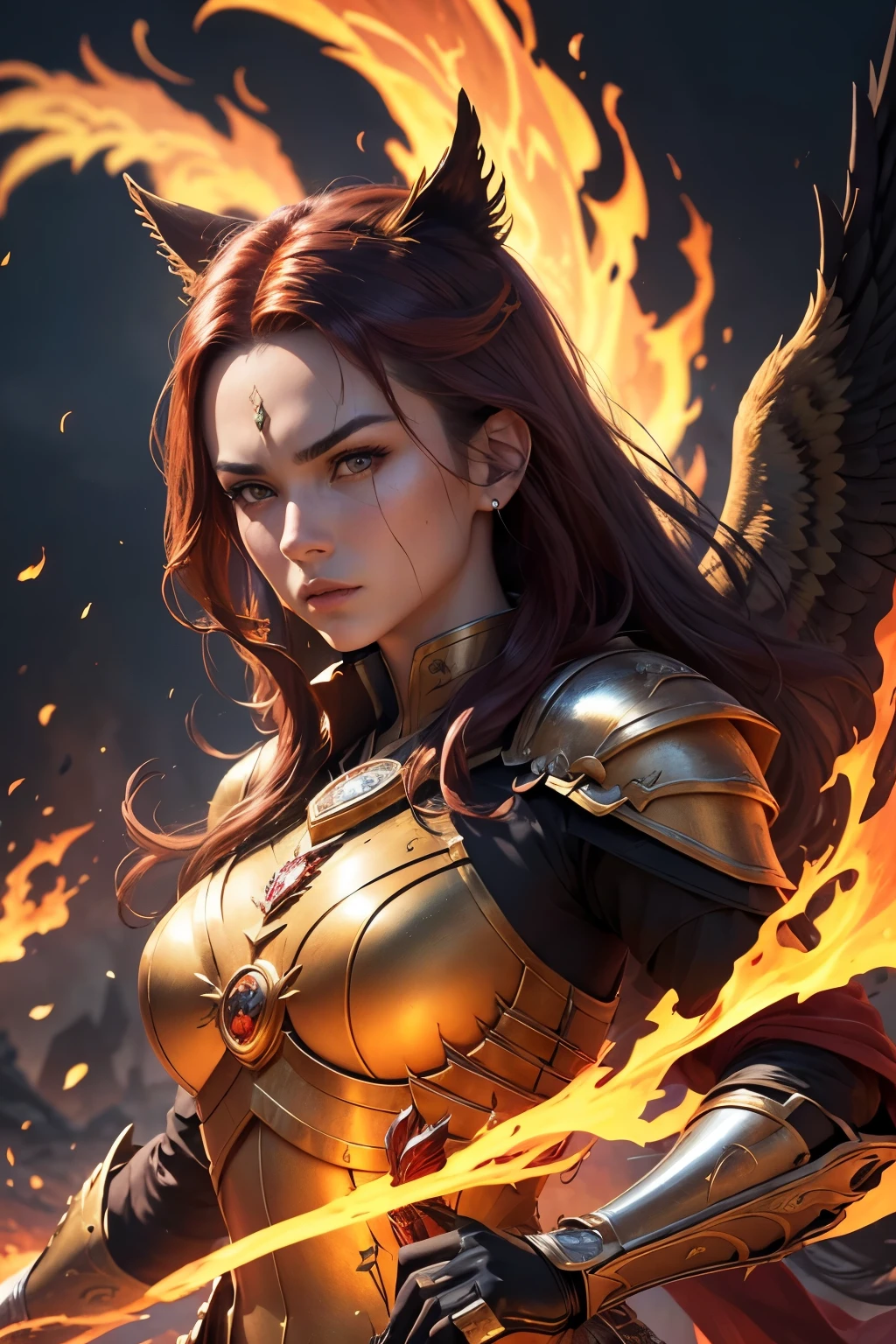 Ikki of Phoenix,beautiful detailed eyes,beautiful detailed lips,extremely detailed face,longeyelashes,(best quality,4k,8k,highres,masterpiece:1.2),ultra-detailed,(realistic,photorealistic,photo-realistic:1.37),oil painting,portrait,firebird,red feathers,rising flames,sacred armor,powerful aura,heroic pose,fighting stance,surrounded by ashes,golden glow,fiery atmosphere,dynamic composition,intense expression,dramatic lighting,captivating gaze,majestic presence,vivid colors,fierce warrior,legendary knight,burning passion,epic battle,mythical strength,cosmic power,explosive energy,emblematic symbol,transcendent defense,unyielding spirit,eternal rebirth,limitless determination,undefeatable protector,guardian of justice,legacy of the phoenix.