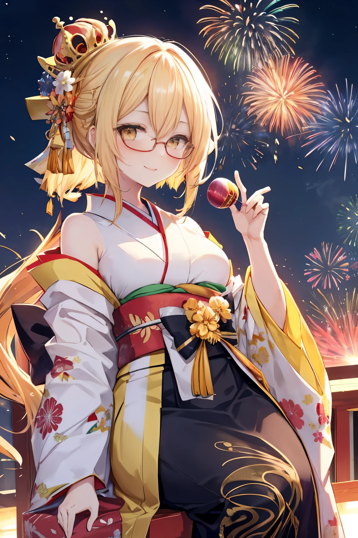 "anime girl, 1 person, bright blonde hair, yellow eyes, glasses, crown on head, female kimono, yellow kimono with black trim with intricate patterns, big breasts, long stockings, standing cross-legged, angle  view from different directions, solo,  smiled gently, blushing, festival, night, New Year's Eve fireworks, watching fireworks (full HD 4K+ image)"