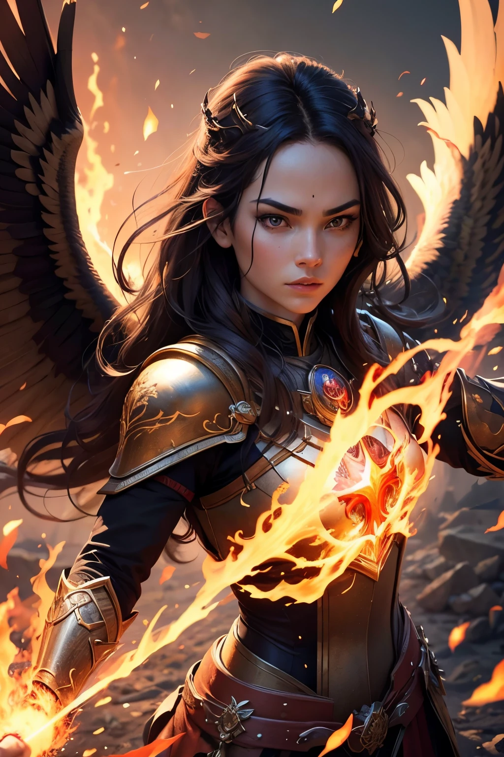 Ikki of Phoenix,beautiful detailed eyes,beautiful detailed lips,extremely detailed face,longeyelashes,(best quality,4k,8k,highres,masterpiece:1.2),ultra-detailed,(realistic,photorealistic,photo-realistic:1.37),oil painting,portrait,firebird,red feathers,rising flames,sacred armor,powerful aura,heroic pose,fighting stance,surrounded by ashes,golden glow,fiery atmosphere,dynamic composition,intense expression,dramatic lighting,captivating gaze,majestic presence,vivid colors,fierce warrior,legendary knight,burning passion,epic battle,mythical strength,cosmic power,explosive energy,emblematic symbol,transcendent defense,unyielding spirit,eternal rebirth,limitless determination,undefeatable protector,guardian of justice,legacy of the phoenix.