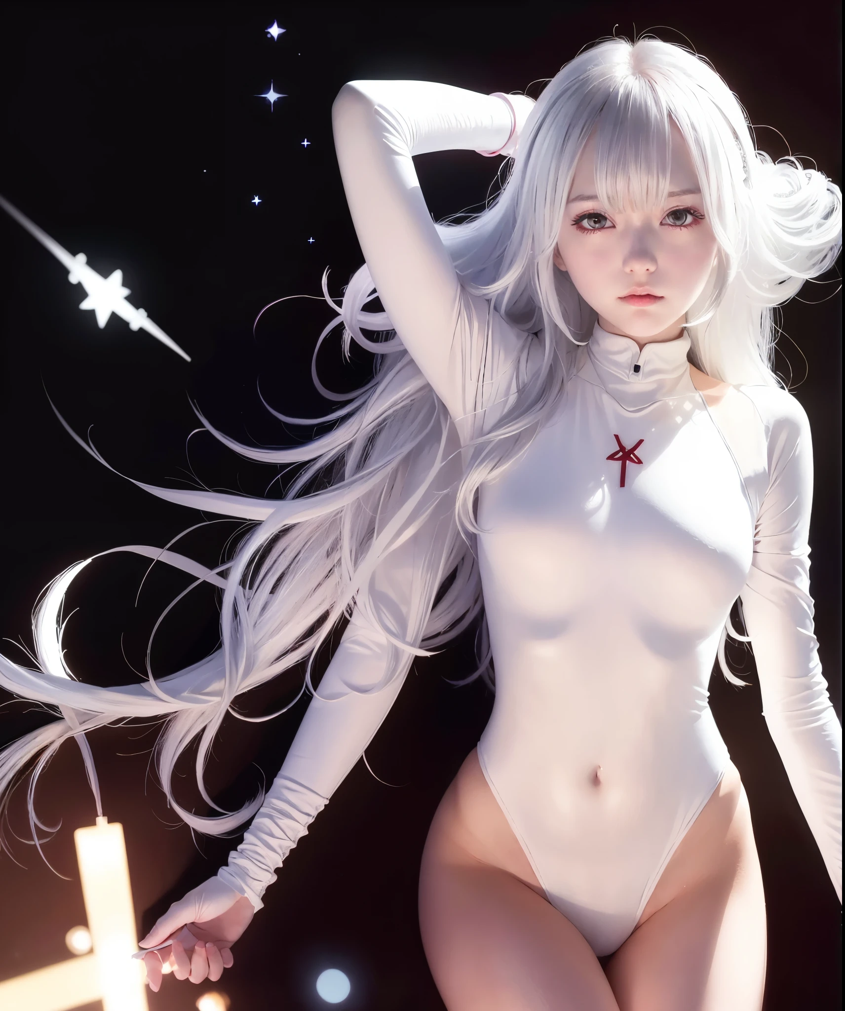 (8K, highest quality, masterpiece:1.2),High resolution,masterpiece,ultra detail,alone,1女of子,(white色ofbackground:1.5),(繊細なeye),((whitehair)),Plugsuit, 1女of子, star_\( null\), short_hair, starry_null, Bodysuit, ayanami_king, alone, night_null, red_eye, red_ background, , white_bodysuit, シルバーとブラックofラバーボディsuit、pilot_suit, lance_of_longinus, 前hair, light_particle, ((triangular psychosensory apparatus on both sides of the head)), Soryu_Asuka_Langley, 張りofあるおっぱい_Clothes, 中胸of, Bokeh, 機械っぽいClothes装, 胸ofゼロに小さなロゴパターン, red eye