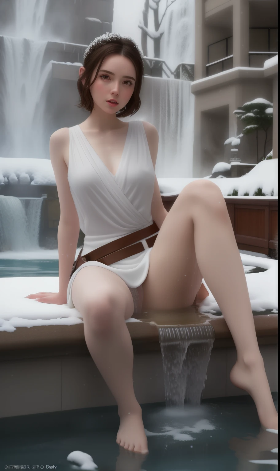 araffe sitting on a ledge in a pool of water, in the snow, rey, next to a waterfall, better known as amouranth, pale snow white skin, in snow, amouranth, wearing a wet white short dress, princess leia, daisy ridley, beautiful goddess, snow on the body, japanese goddess, cinematic goddess body shot