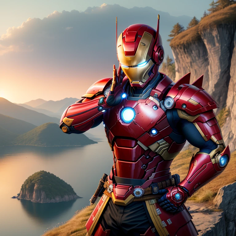 (Best Quality, 4k, 8K, high resolution, Masterpiece: 1.2), a captivating cinematic still of Iron Man Ronin Samurai, wearing a polished red and gold armor suit with a helmet adorned with a traditional samurai crest. His piercing blue eyes under the visor convey an intense determination and focus.
Iron Man Ronin Samurai, full body view, posing on the precipice of a cliff overlooking a serene lake. The sun sets in the backdrop, casting a warm glow on his armor. Hand on the hilt of his samurai sword, the other hand folded behind his back, showc