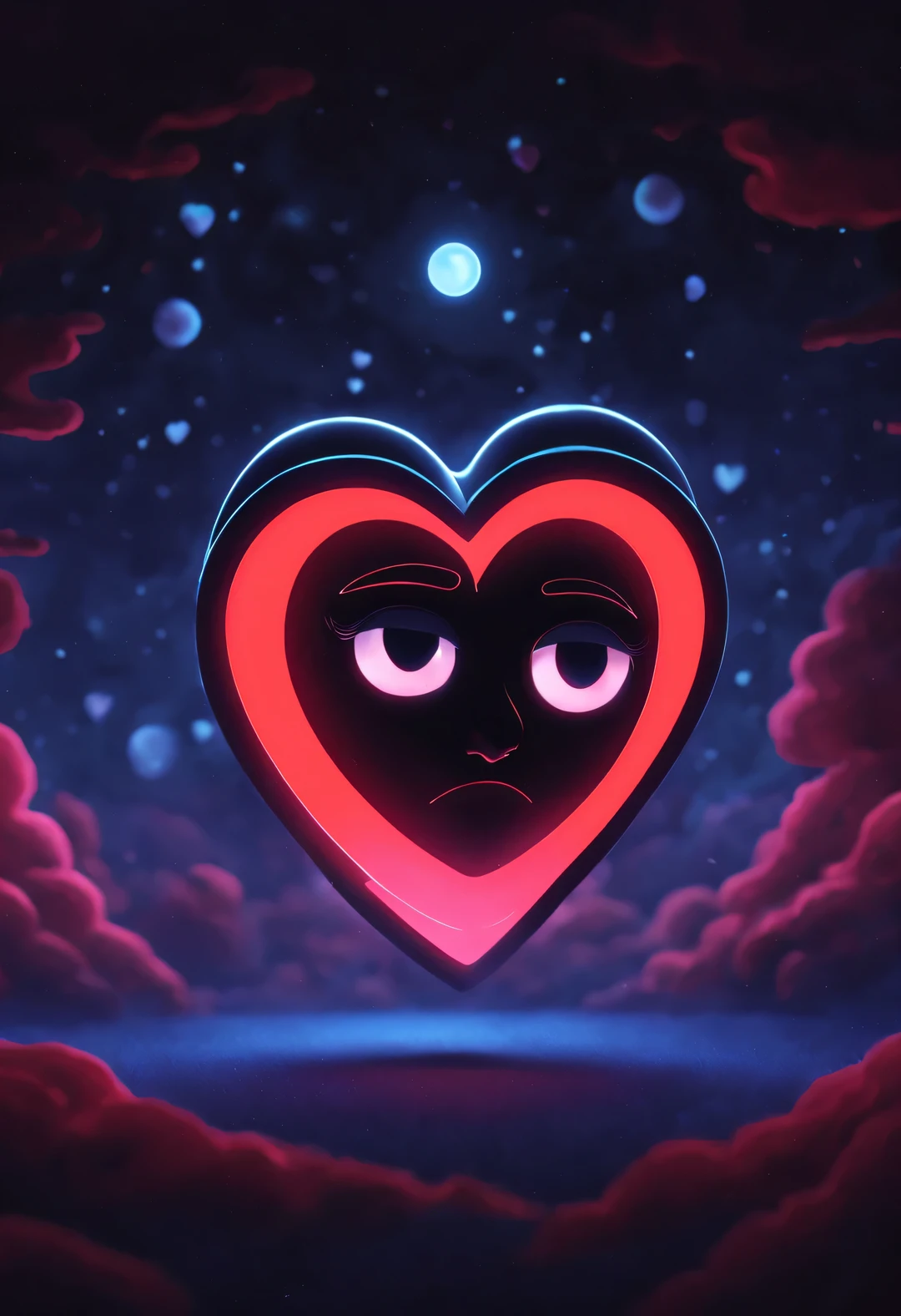 （There is a cartoon simple and cute little crescent eye hidden in the red ventricle.：1.3），（Glowing clear simple heart shape：1.3），Black light art，cartoonish style，comic style ，fantasy，，3d rendering，, modern, Surrealism，Pixar