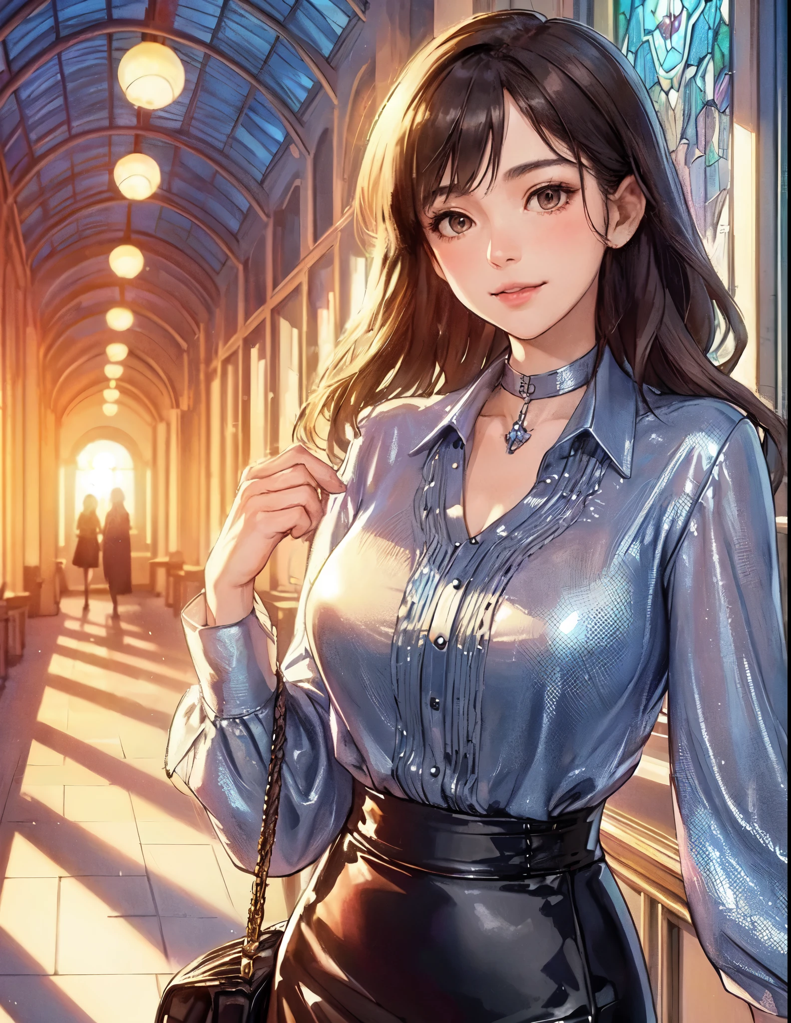 1lady solo, walking slowly, (blue silver blouse) (leather skirt), mature female, /(dark brown hair/) bangs, blush light smile, (masterpiece best quality:1.2) delicate illustration ultra-detailed, large breasts BREAK (holding pouch) BREAK (corridor of high-end restaurant:1.2) indoors, (stained glass window), (setting sun's light), detailed background