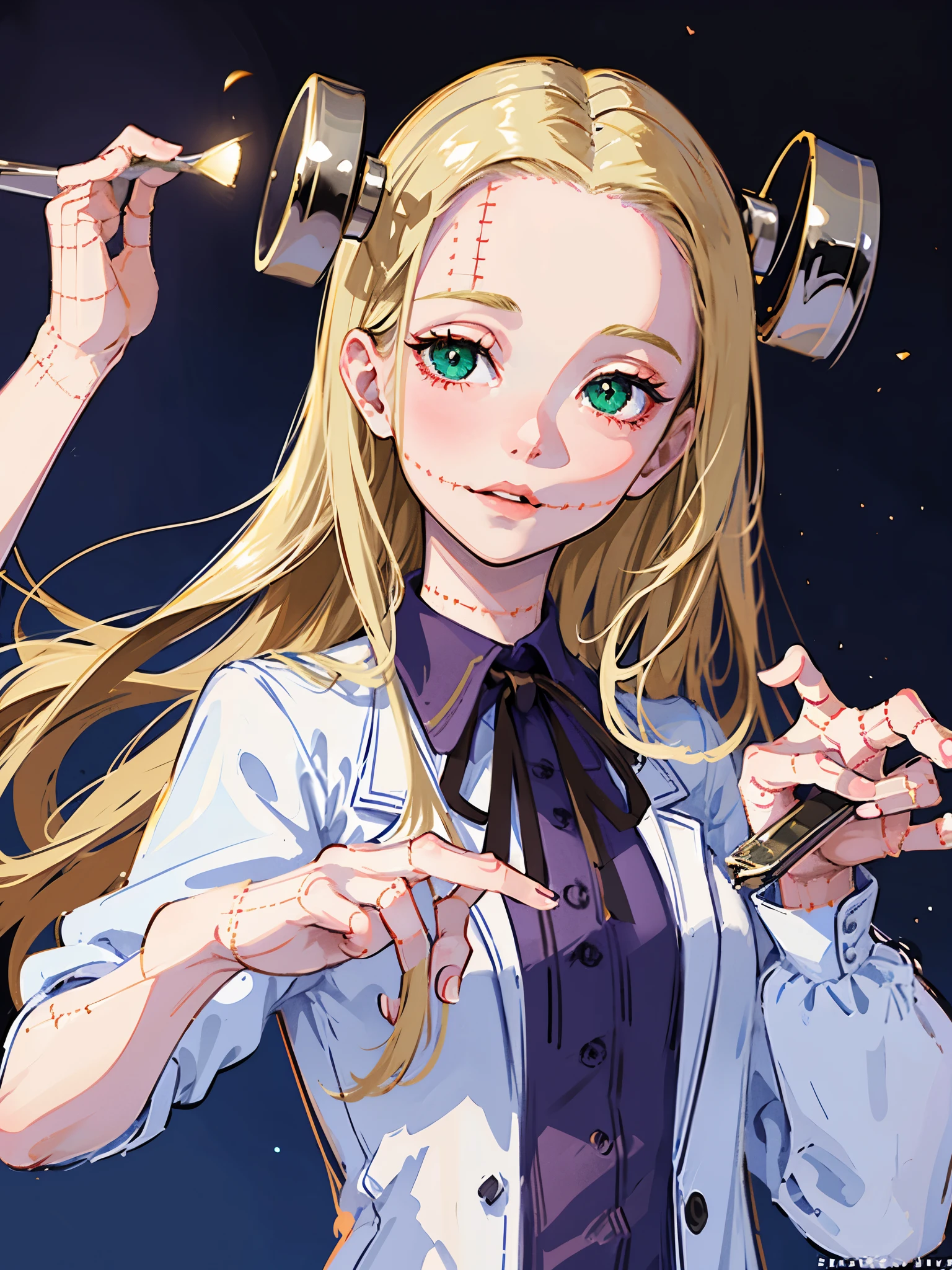 ((masterpiece, best quality)), (1girl), (solo), (female focus), (ash blonde hair, long hair, hair over one eye), green eyes, sad eyes, cold facial expression, cold look, pale skin, colour grading, dark illustration, extreme quality, radiant, extremely detailed, ultra-detailed face, ultra hd 8k, ultra digitality, mythical, dark lightning, perfect face, beautiful, (perfect composition: 1. 4), detailed face and body, award-winning photography , fields, detailed face, detailed hands, looking at the viewer, cinematic lighting, embers, (necromancer), (villain), (masterpiece, best quality, ultra-detailed, best shadow), (beautiful detailed face, feminine features), (best illumination), ((cinematic light)), colorful, hyper detail, dramatic light, intricate details, (dark circle under eyes), gothic, decadence, stunning, eerie, (madaraki fran)