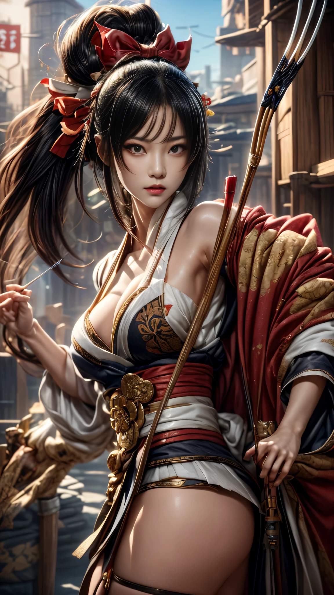 a woman with a bow and a bow in her hand, onmyoji detailed art, onmyoji, extremely detailed artgerm, onmyoji portrait, artgerm detailed, anime girl with a bow and arrow, artwork in the style of guweiz, fox nobushi holding a naginata, artgerm. high detail
