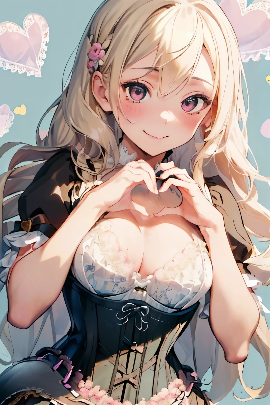 girl,cute,(thin blonde hair:1.2),(long hair with curls:1.2),(With bangs),(Eye size:1.5),(Lace dress:1.3),(corset:1.3),(blush:1.2),(small breasts:1.6),(Smile slightly:1.1),(close up of face:1.25),(Background of blooming flowers:1.25),(white, pink, light blue, and yellow-green),(Heart in the hand:1.4),