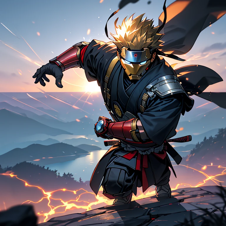 (Best Quality, 4k, 8K, high resolution, Masterpiece: 1.2), a captivating cinematic still of Iron Man Ronin Samurai, wearing a polished red and gold armor suit with a helmet adorned with a traditional samurai crest. His piercing blue eyes under the visor convey an intense determination and focus.
Iron Man Ronin Samurai, full body view, posing on the precipice of a cliff overlooking a serene lake. The sun sets in the backdrop, casting a warm glow on his armor. Hand on the hilt of his samurai sword, the other hand folded behind his back, showc