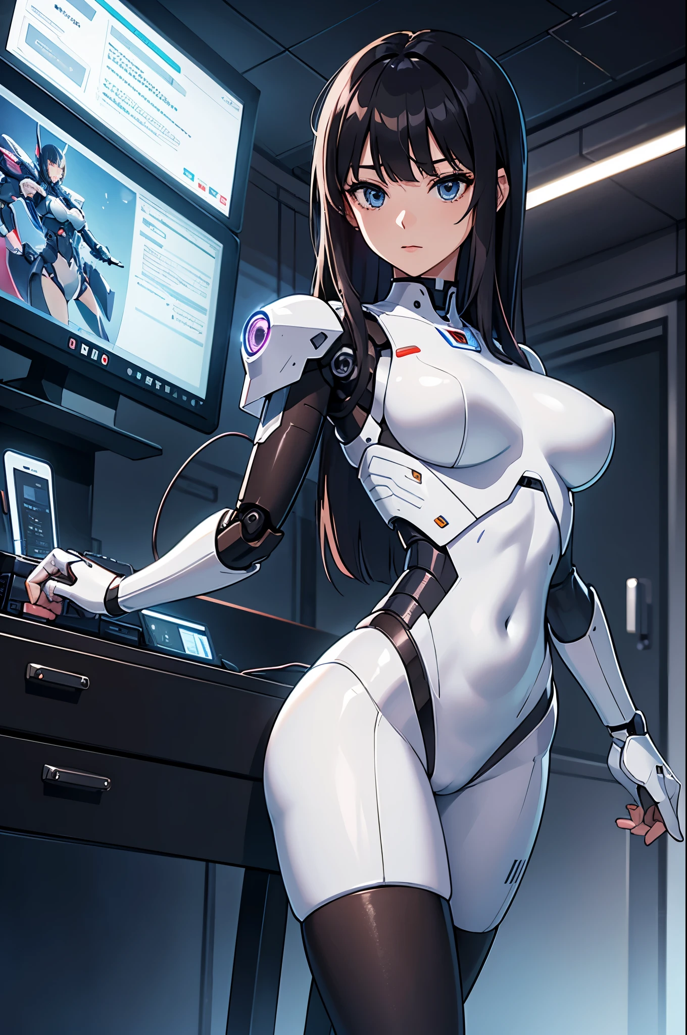 masterpiece, best quality, extremely detailed, (8K, 4K, Best Quality, hight resolution, 超A high resolution:1.1), ,8k portrait, Japaese android Girl,Plump , dark black leg cover,announcer,control panels,android,Droid,Mechanical Hand, Robot arms and legs, Black Robot Parts,Black hair,Mechanical body,Blunt bangs,perfect mechanical abdomen,White robotics parts,perfect robot woman,future laboratory,cyber pank,charging spot,laboratory,long tube,thick cable connected her neck,white ceramic body ,perfect mechanical body, white robot body,lod antenna,mechanical ear cover,android,robot humanoid,black sponge joints,The removable cover is in the groin,The connection port is in the groin,opened chest panel,access panel on the chest,opened breast panel,perfect mechanical breast,perfect machine body,perfect android body,She has repaired,assembly plant,miniskirt,dark black tights,dark black leggings,