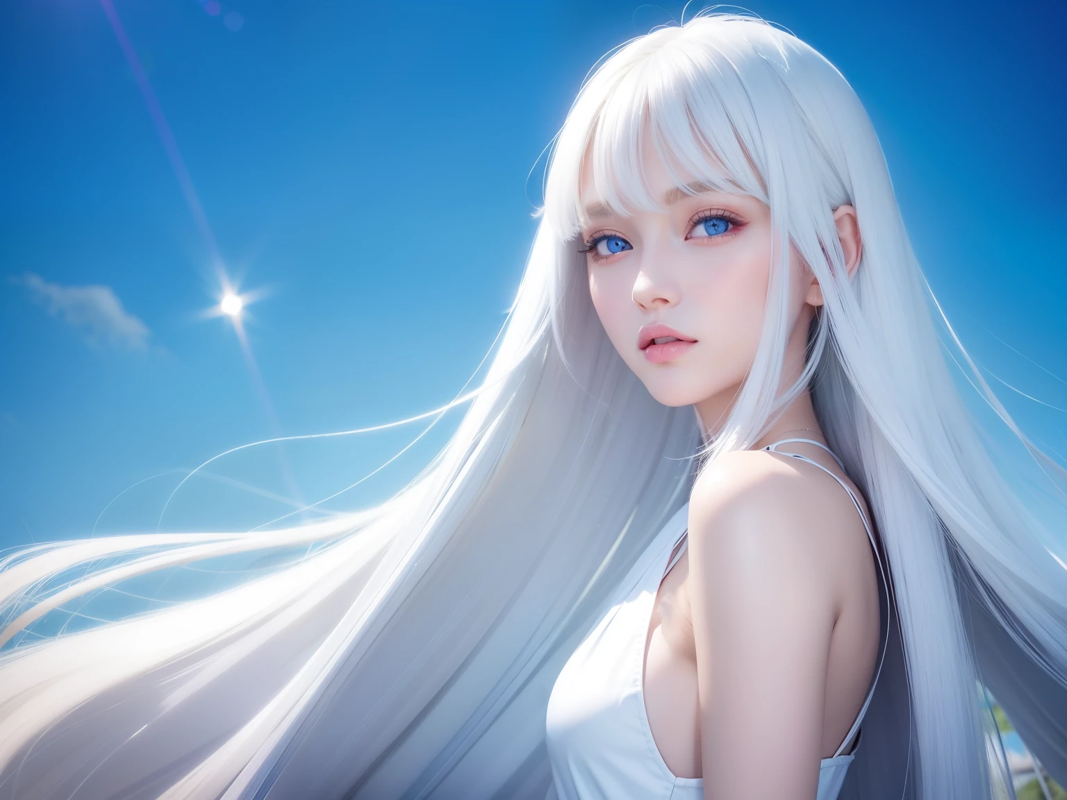 White hair, cat ears, blue eyes cute posture, white slip skirt breeze blowing, high definition, background blue sky and white clouds, posture looking back and smiling