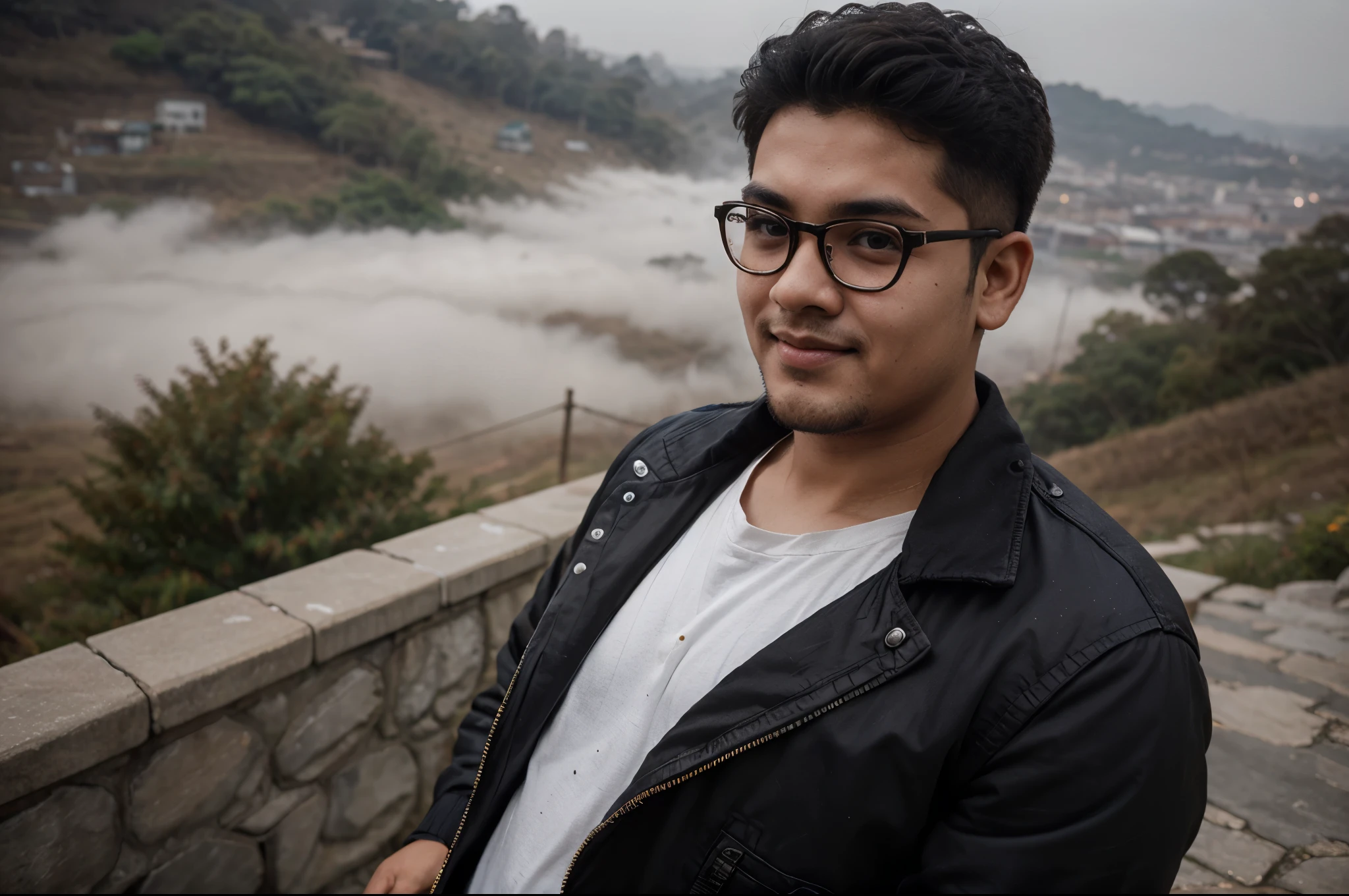 Bangladeshi young boy chubby face stylish hair cut, 20 years, stylish spectacle, foggy weather, taking pictures from Hill, black lather jacket,