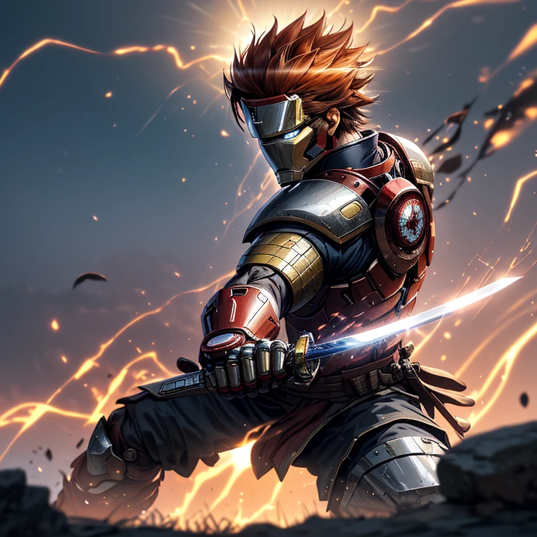 (Best Quality, 4k, 8K, high resolution, Masterpiece: 1.2), a captivating cinematic still of Iron Man Ronin Samurai, wearing a polished red and gold armor suit with a helmet adorned with a traditional samurai crest. His piercing blue eyes under the visor convey an intense determination and focus.

Iron Man Ronin Samurai, full body view, posing on the precipice of a cliff overlooking a serene lake. The sun sets in the backdrop, casting a warm glow on his armor. Hand on the hilt of his samurai sword, the other hand folded behind his back, showc