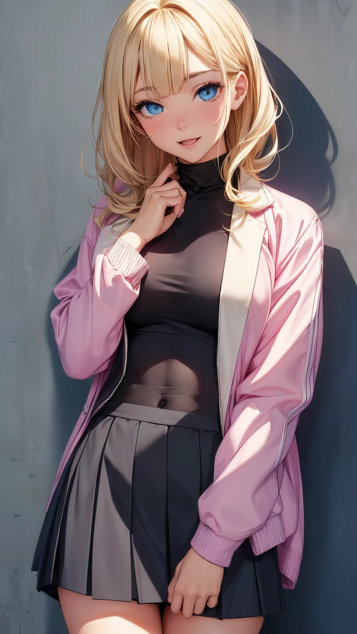 (8K, RAW photo, 最high quality, masterpiece: 1.2), High-definition RAW color photo, Professional photo shoot, cinematic light, alone, (((young woman, gal))), (Sharp features), (big eyes), (small face), (high detail skin: 1.2), clavicle, cute face, beautiful appearance, long eyelashes, (rainbow hair, blue eyes), (beautiful breasts:1.5), (slim body:1.5), very detailed顔と肌の質感, fine eyes, natural makeup, camel toe, ((blonde, long bangs on one side, asymmetrical bangs, One eye hides, wavy hair)), slim body, ((smile with open mouth:1.2)), big breasts, normal hip joint, blue eyes, cowboy shot, (((Black long skirt, Short length colorful bright pink and white jacket, The inner shirt is a black shirt, Mature impression, Based on chic black, white softness, Feeling relaxed feet, Create a spring date outfit, big breastsを強調させる))), I enjoy dating, beautiful sunny day, (((wall background))), bright colors, blissful companionship, precious memories, A composition that highlights the beauty of a girl, staring eyes, beautiful skin, shiny skin, perfect fingers, five fingers, anatomically correct, background bokeh, high quality, surreal, bright colors, ((very detailed, photo shoot)),
