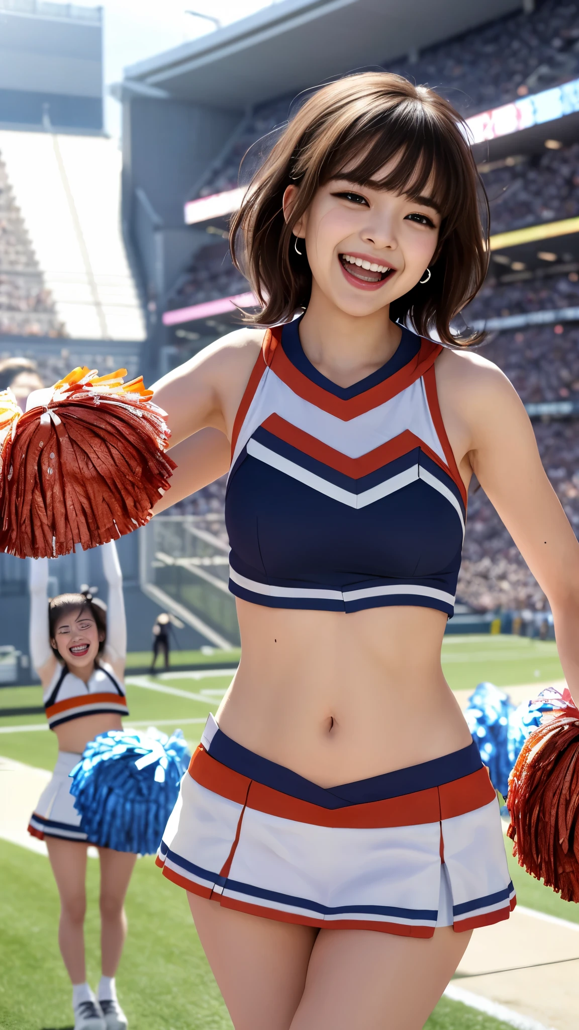 8K raw photo beauty:2.0、24-years-old、Japan、cute baby turtle、nadium chest、((cheerleader:1.5))、mini skirt、beautiful eyes、drawn in detail、eyelashes brown eyes:1.2))、beautiful double eyelids、eye shadow、perfect eye makeup、((laughter:1.6))、美しくてthin legs、(chestnut hair)、medium hair、fluffy hair、stadium、daytime、latina、Photoreal:1.9、sexy navel、thin legs、thin eyebrows、tear bag、high nose、((very sexy))